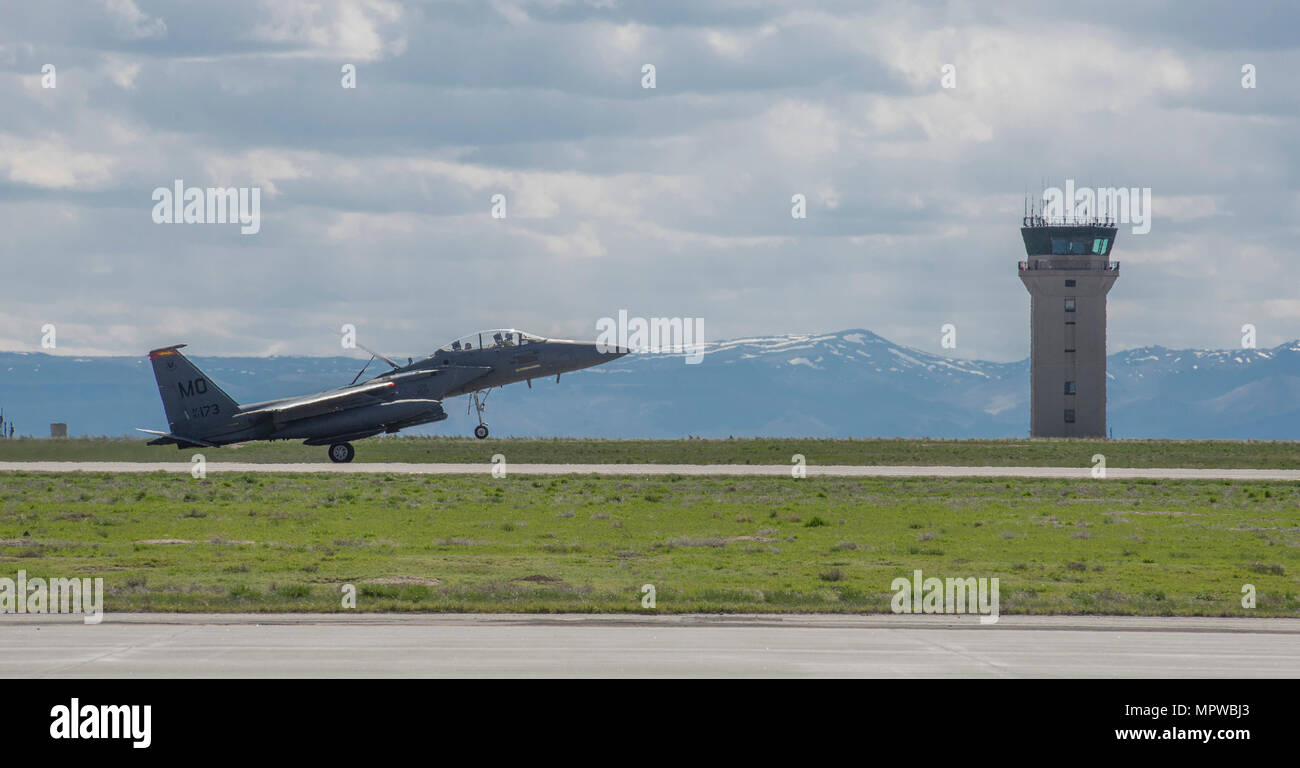 An F15E Strike Eagle belonging to the 389th Fighter Squadron lands at