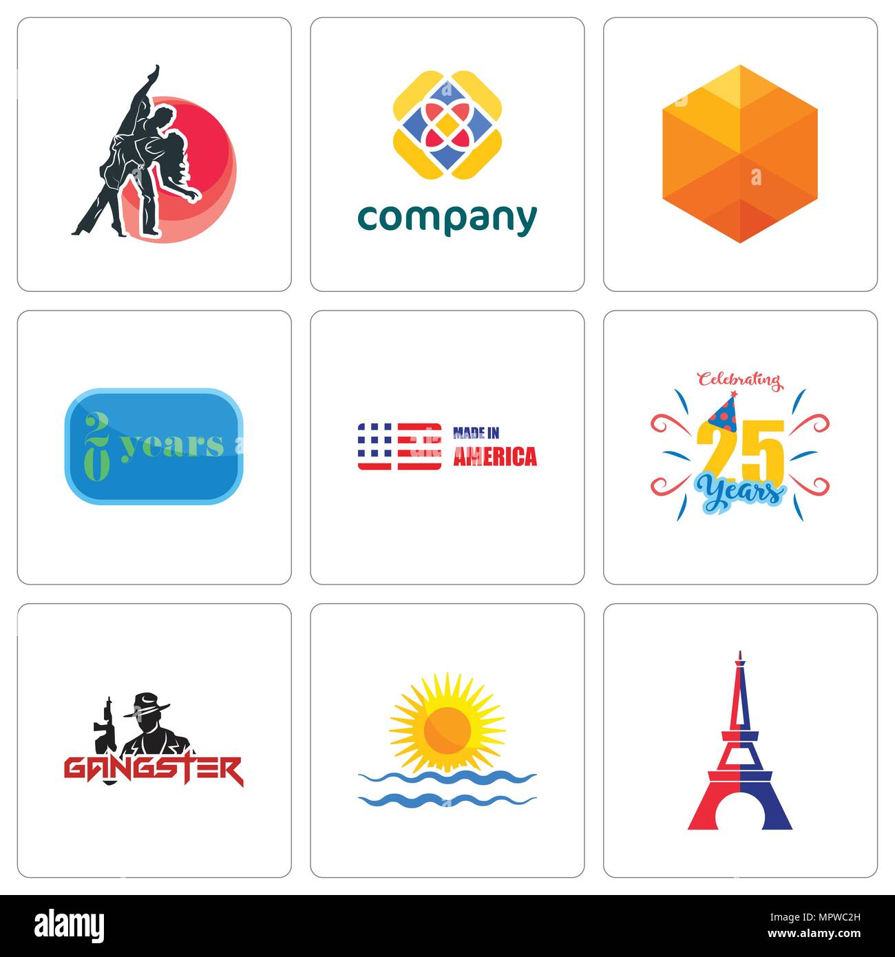 Set Of 9 Simple Editable Icons Such As Eiffel Tower Rising Sun Gangster Celebrating 25 Years Made In America Year Cubic Free Dance Studio Stock Vector Image Art Alamy