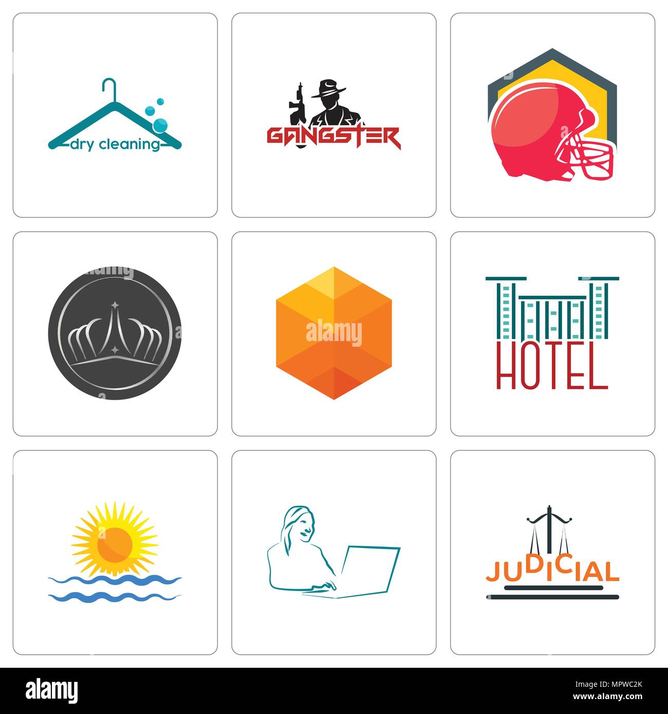 Set Of 9 simple editable icons such as judicial, secretary, rising sun, hotel, cubic, tiara, football helmet, gangster, dry cleaning, can be used for  Stock Vector