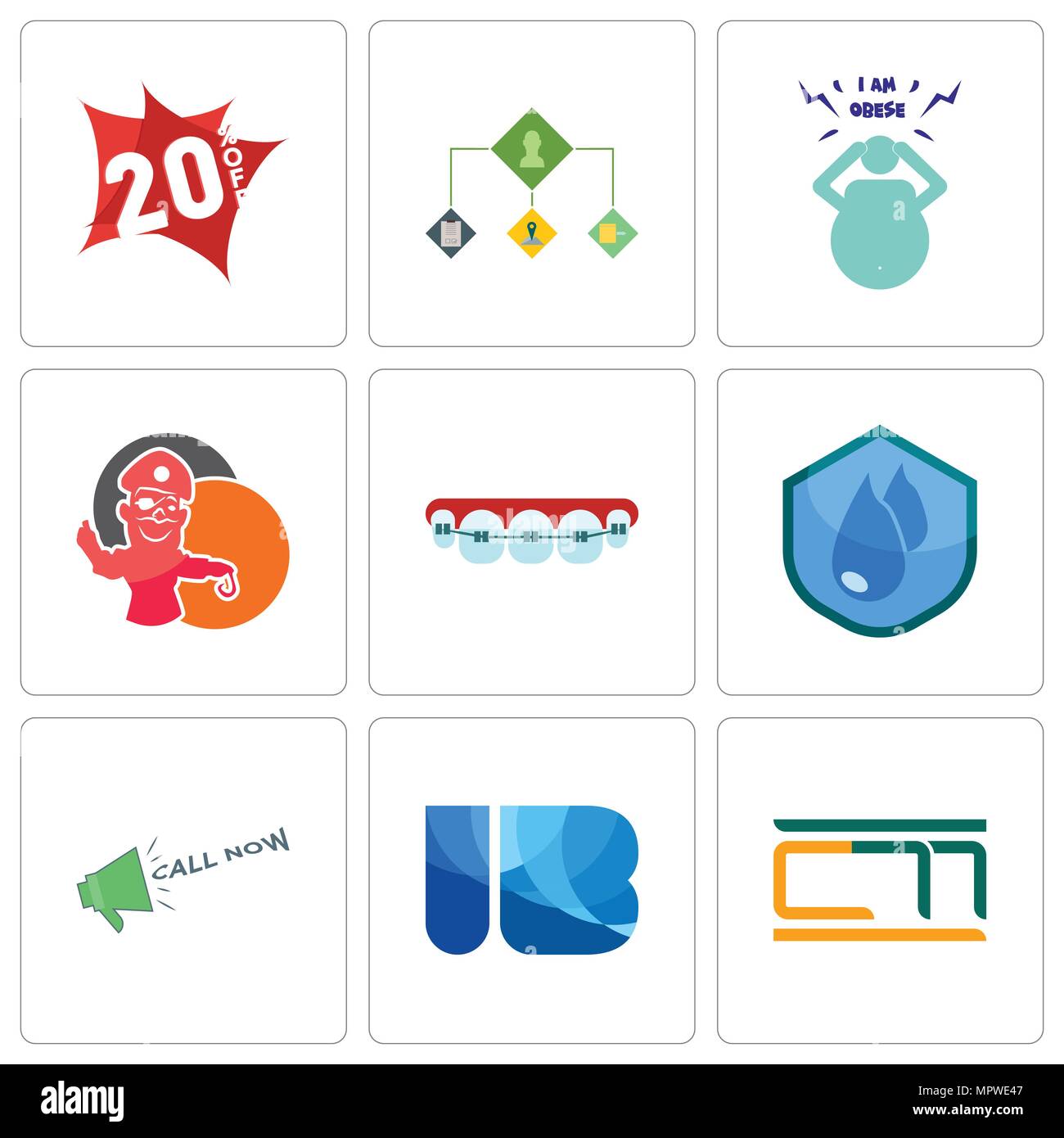 Set Of 9 simple editable icons such as ib, call now, water resistant, orthodontist, pirate mascot, obesity, order management, 20% off, can be used for Stock Vector