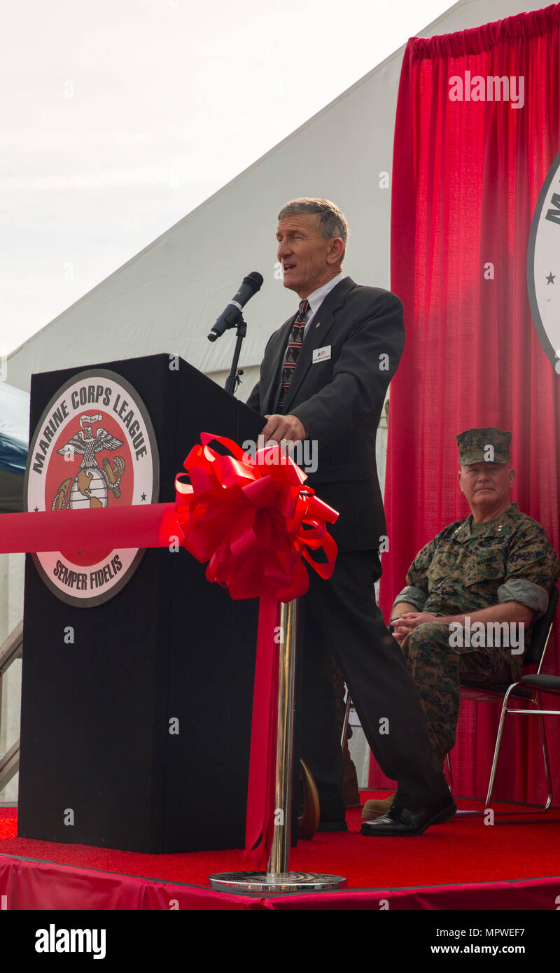 Retired U.S. Marine Corps Maj. Gen. Michael Regner, staff director, Headquarters Marine Corps, speaks at the opening ceremony for the Marine South Military Exposition, Goettege Field House, Camp Lejeune N.C., April 13, 2017. The Marine South Exposition is sponsored by the Marine Corps League and is a forum for defense contractors to display, inform, and promote the latest in defense equipment and technology. (U.S. Marine Corps photo by Lance Cpl. Ashley D. Gomez) Stock Photo