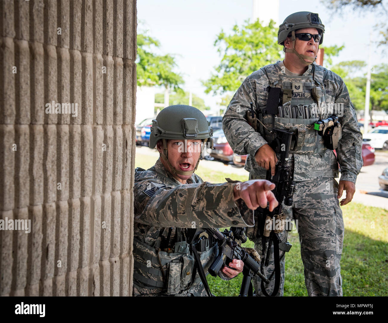 Master Sgt. Shane Zugai, 96th Security Forces Squadron, yells orders to