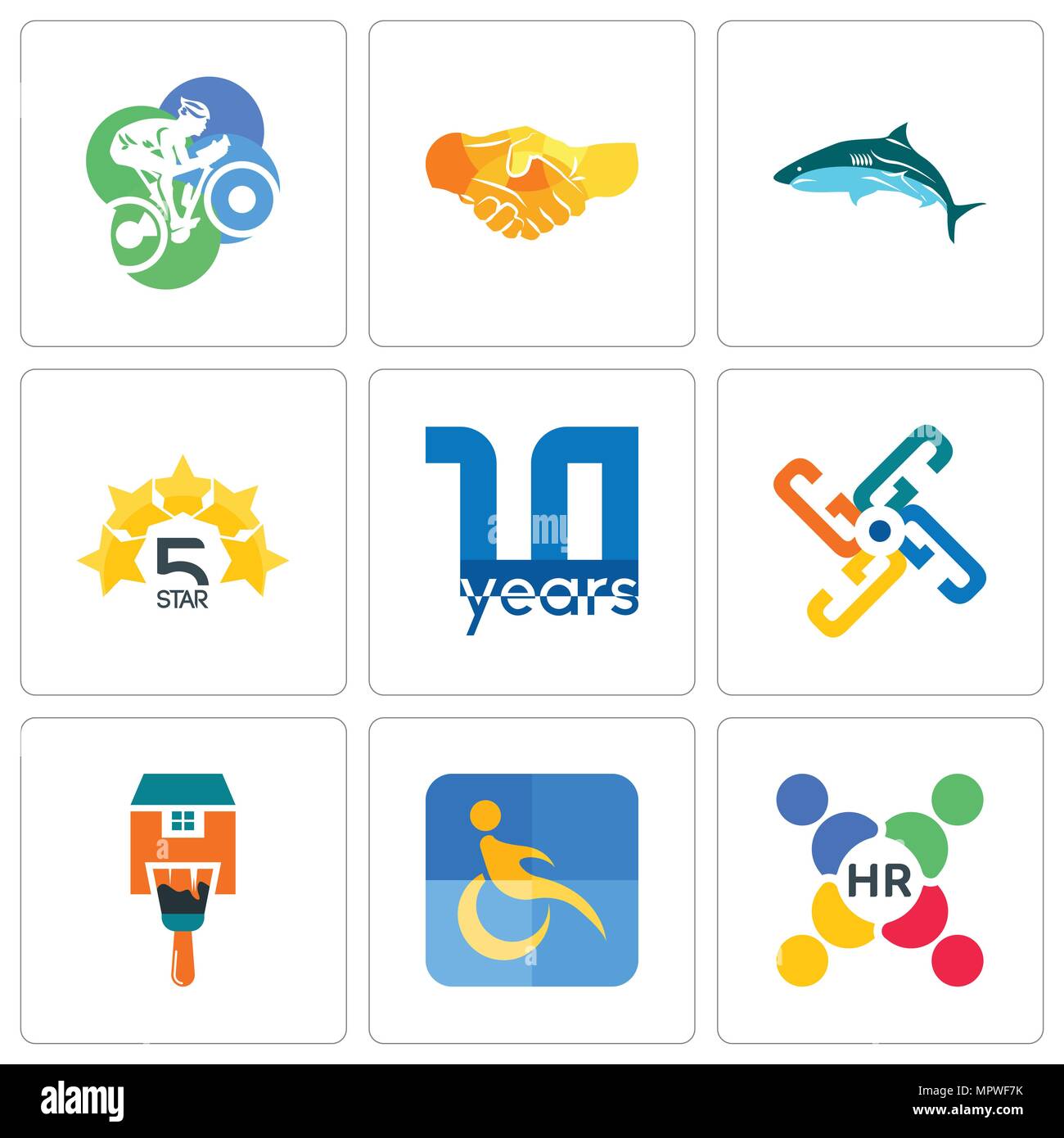 Set Of 9 simple editable icons such as human resources, disability, home paint, generic, 10 year, 5 star, hand shake, cyclist, can be used for mobile, Stock Vector