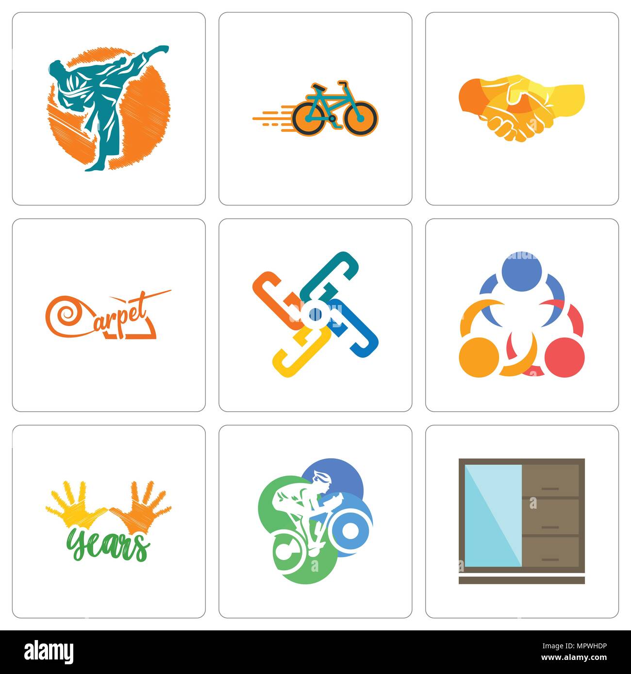 Set Of 9 simple editable icons such as wardrobe, cyclist, 10 years, 3 people, generic, carpet, hand shake, bike shop, martial arts, can be used for mo Stock Vector