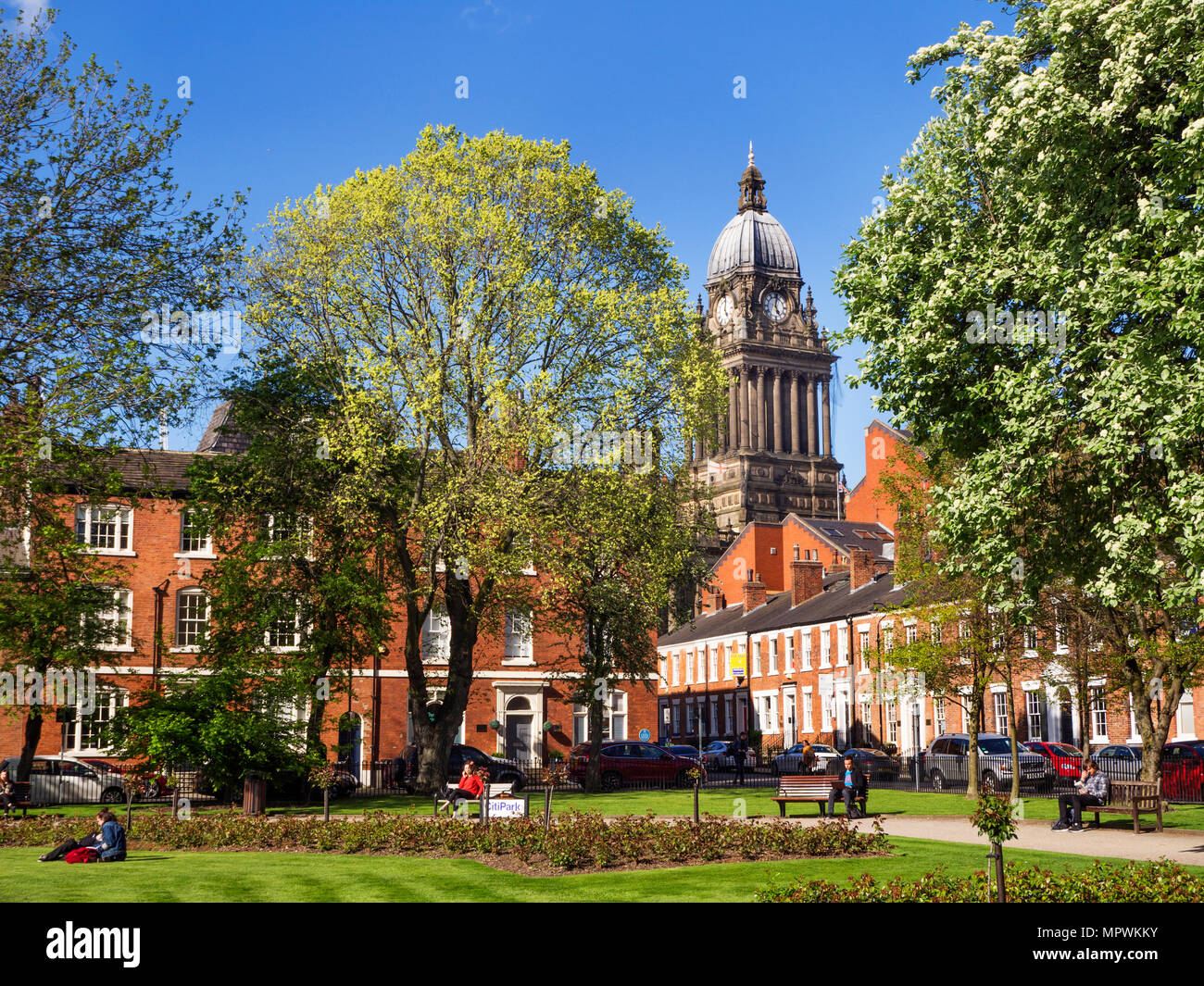 Leeds Town Hall from Park Square in Spring Leeds West Yorkshire England Stock Photo