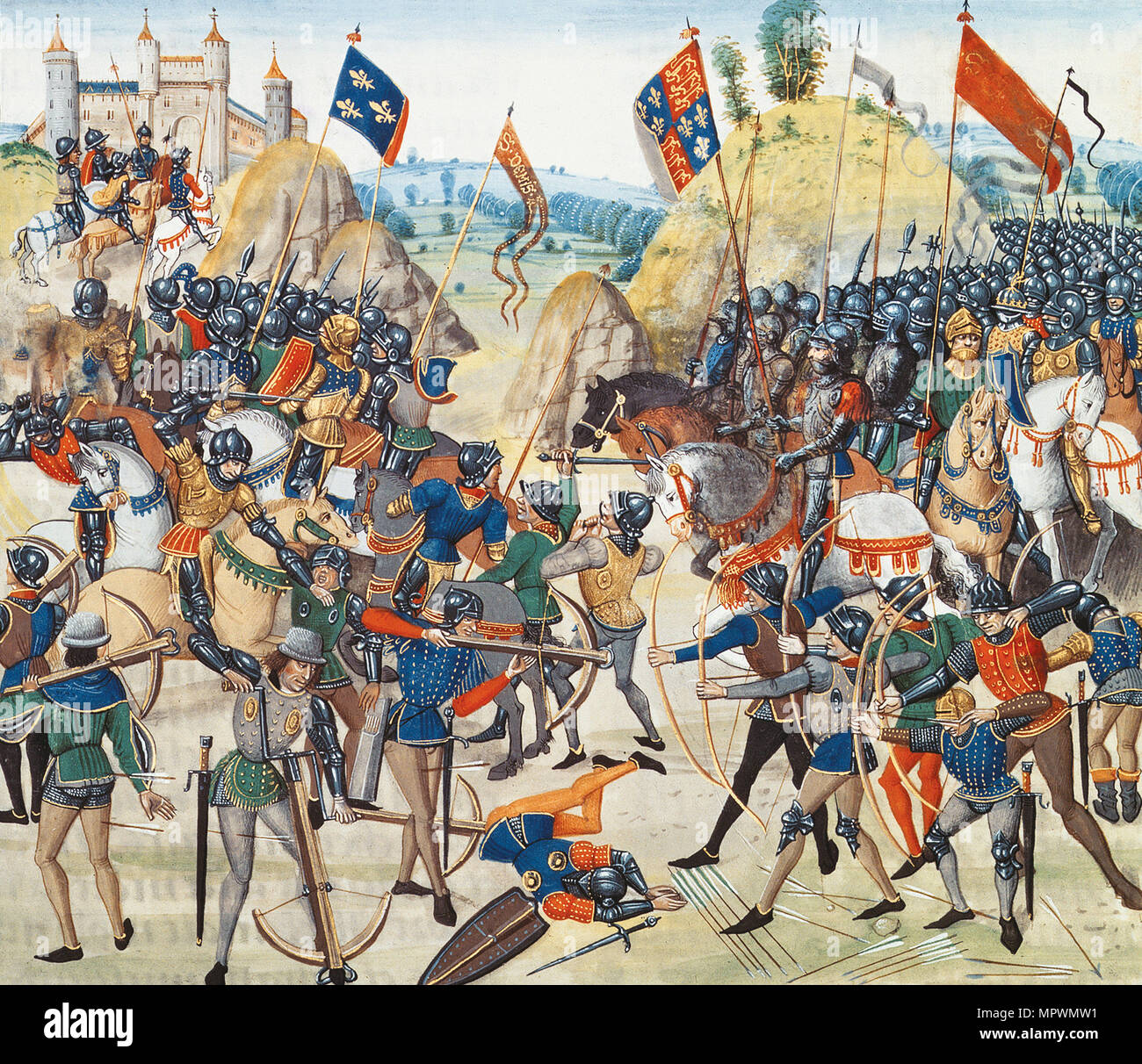 The Battle of Crécy on 26 August 1346 (Miniature from the Grandes Chroniques de France by Jean Frois Stock Photo