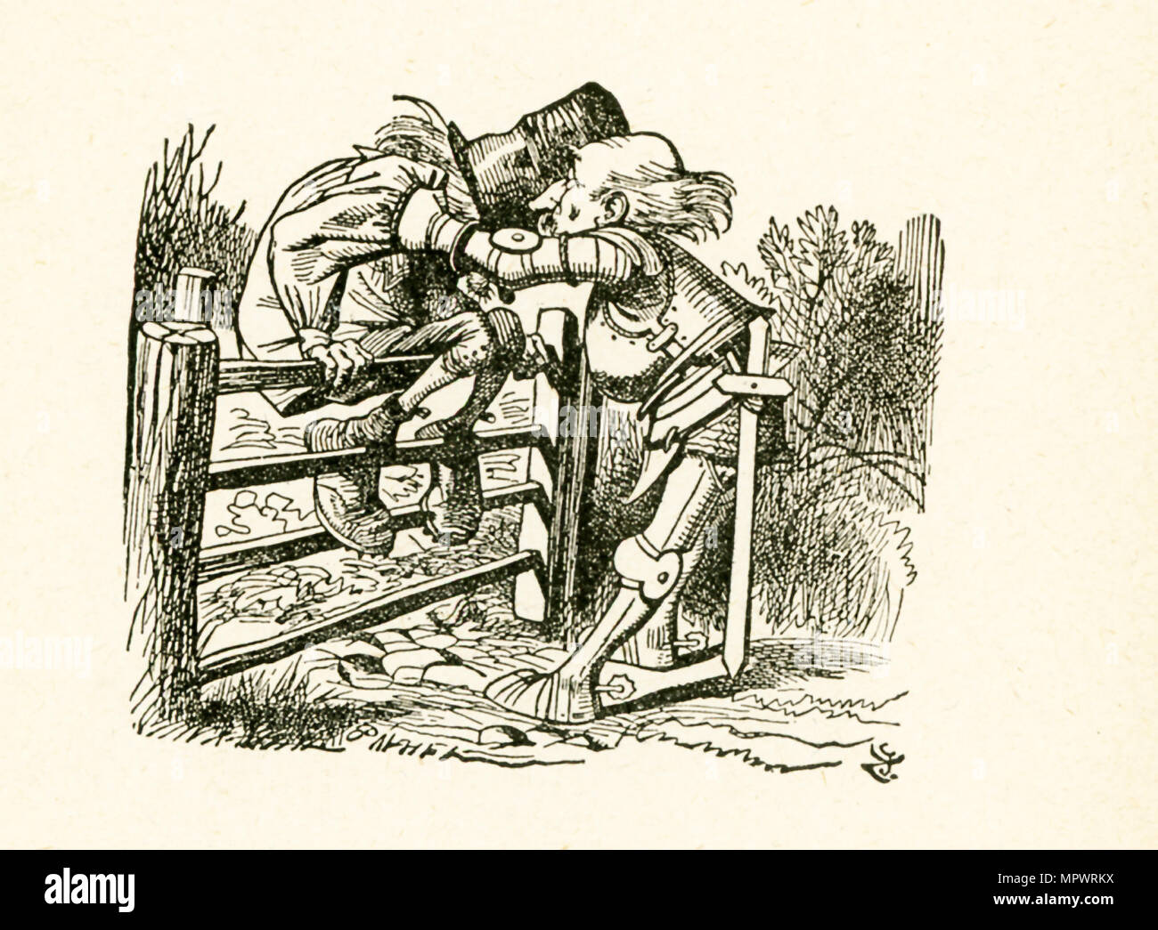 This illustration of an old man on the gate being heled by the White Knight is from 'Through the Looking-Glass and What Alice Found There' by Lewis Carroll (Charles Lutwidge Dodgson), who wrote this novel in 1871 as a sequel to 'Alice's Adventures in Wonderland.' Stock Photo