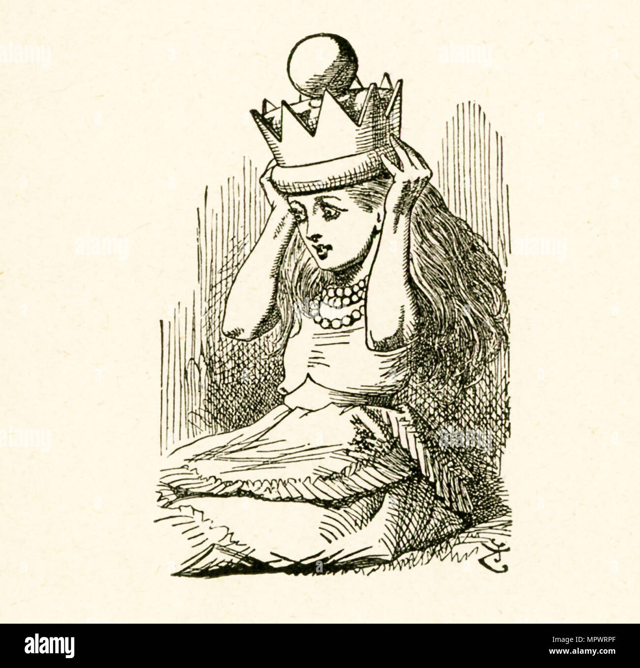 This illustration of Alice putting on the royal crown is from 'Through the Looking-Glass and What Alice Found There' by Lewis Carroll (Charles Lutwidge Dodgson), who wrote this novel in 1871 as a sequel to 'Alice's Adventures in Wonderland.' Stock Photo