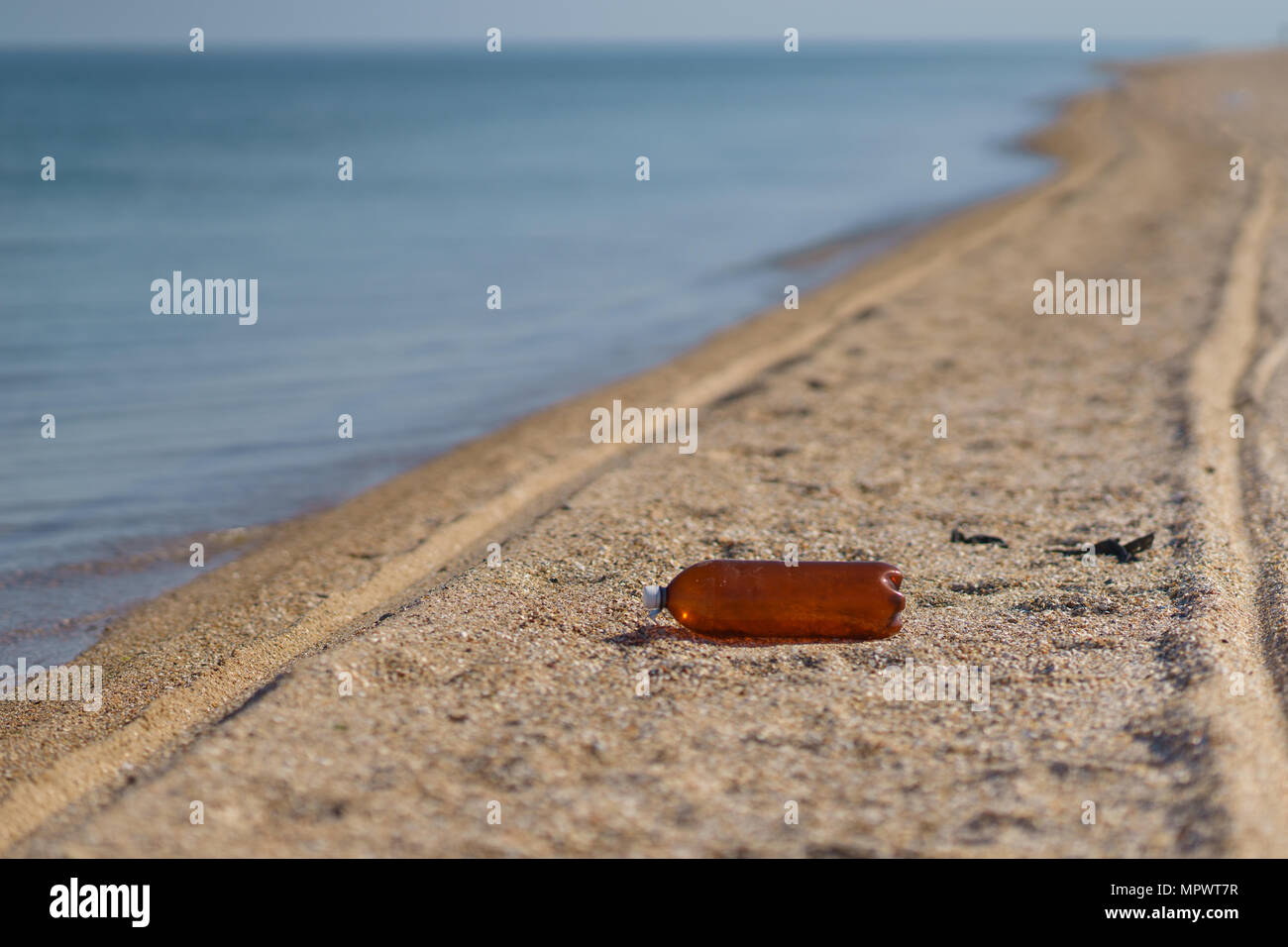 Empty plastic bottle lies on the seashore Stock Photo