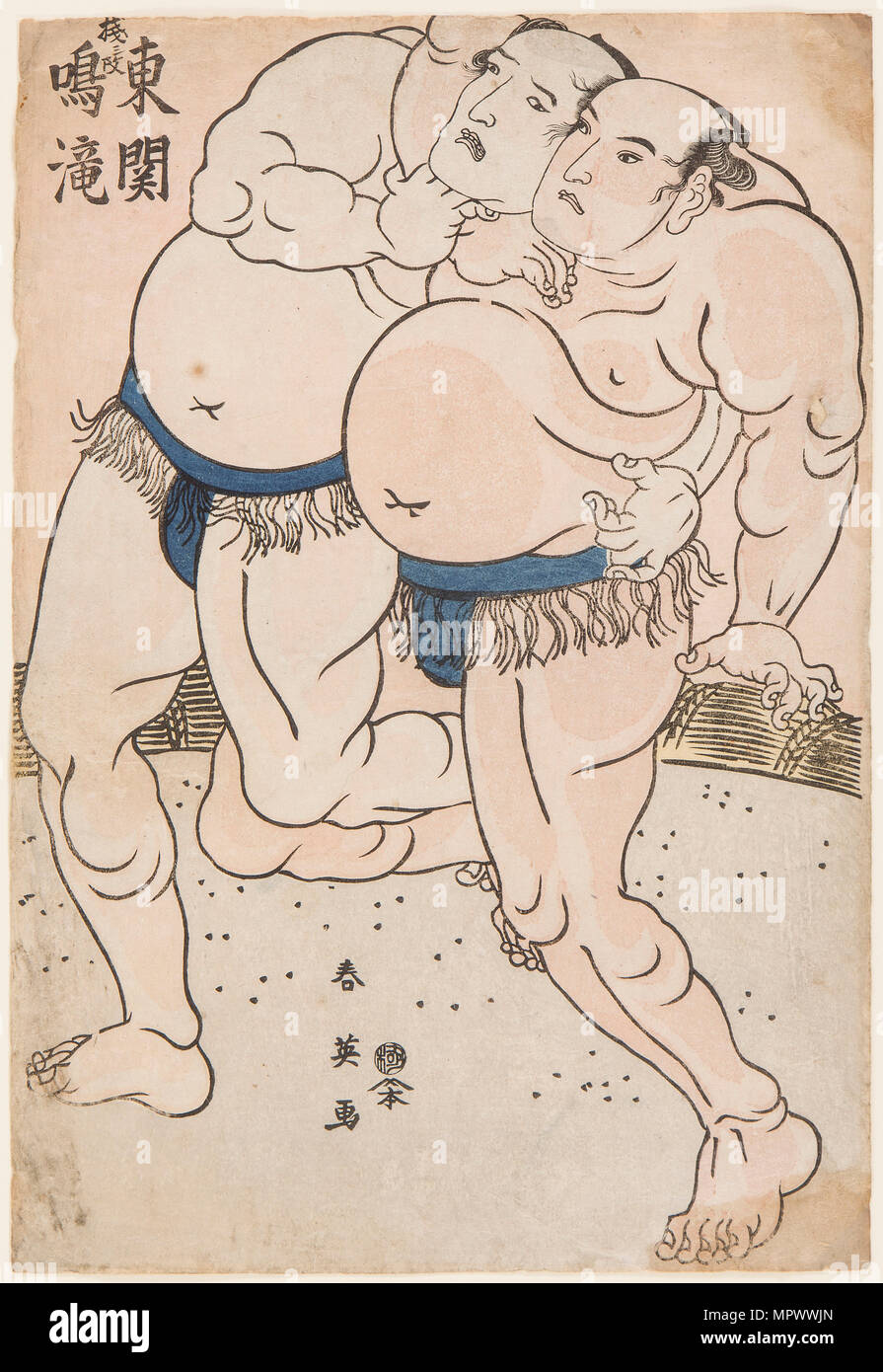Sumo Wrestlers Naritaki and Higashiseki in Action, 1790s. Stock Photo