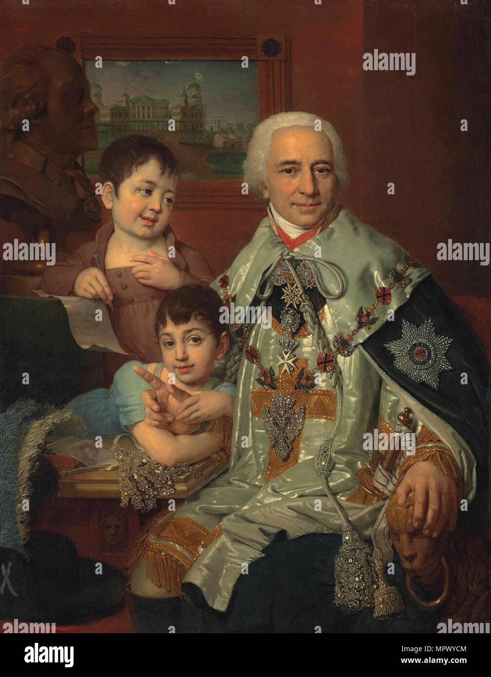 Portrait of Admiral Count Grigory Grigoryevich Kushelev (1754-1833) with children, 1809. Stock Photo