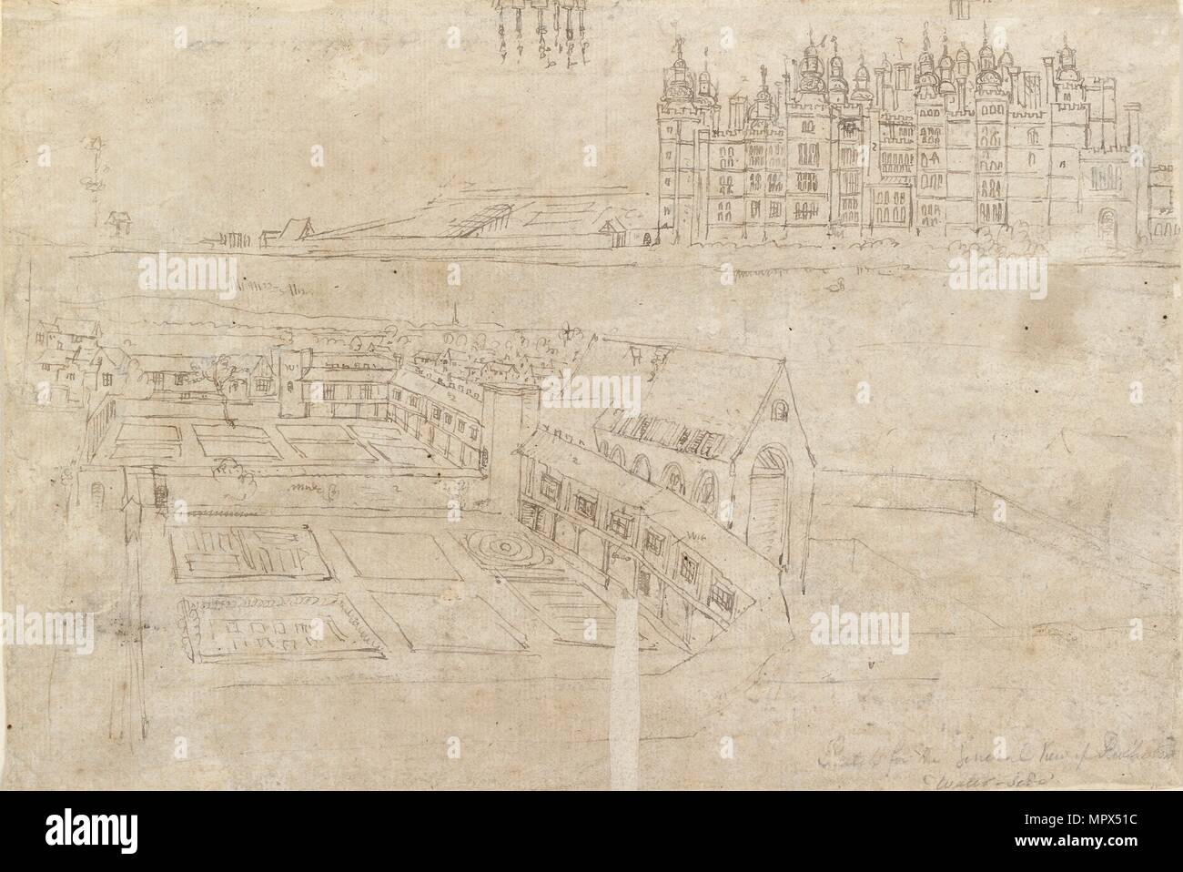 The River Front of Richmond Palace and Privy Gardens, c1550s. Artist: Anthonis van den Wyngaerde. Stock Photo