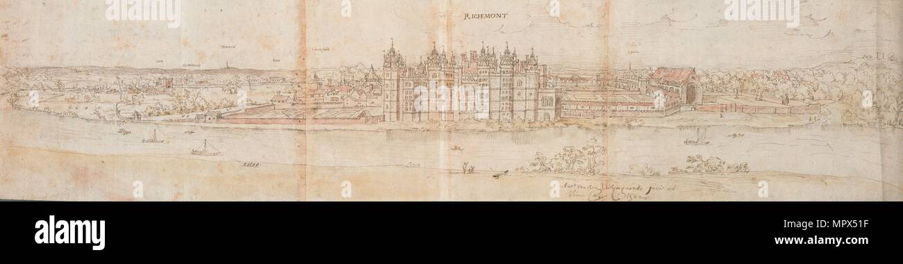 Richmond Palace from across the Thames, 1562. Artist: Anthonis van den Wyngaerde. Stock Photo