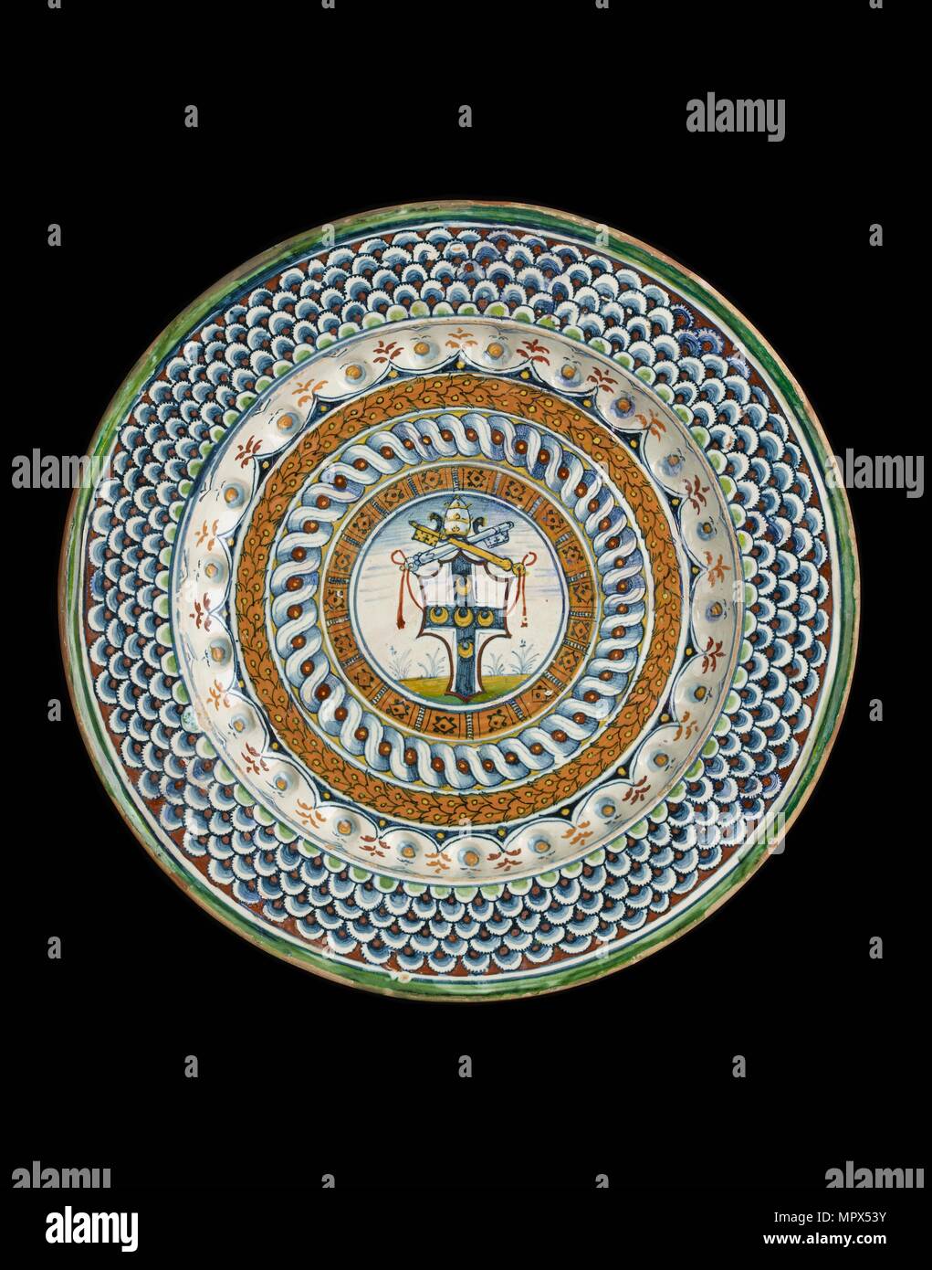 Plate with arms of Pope Pius III (Francesco Todeschere Piccolomini), 1503. Artist: Unknown. Stock Photo