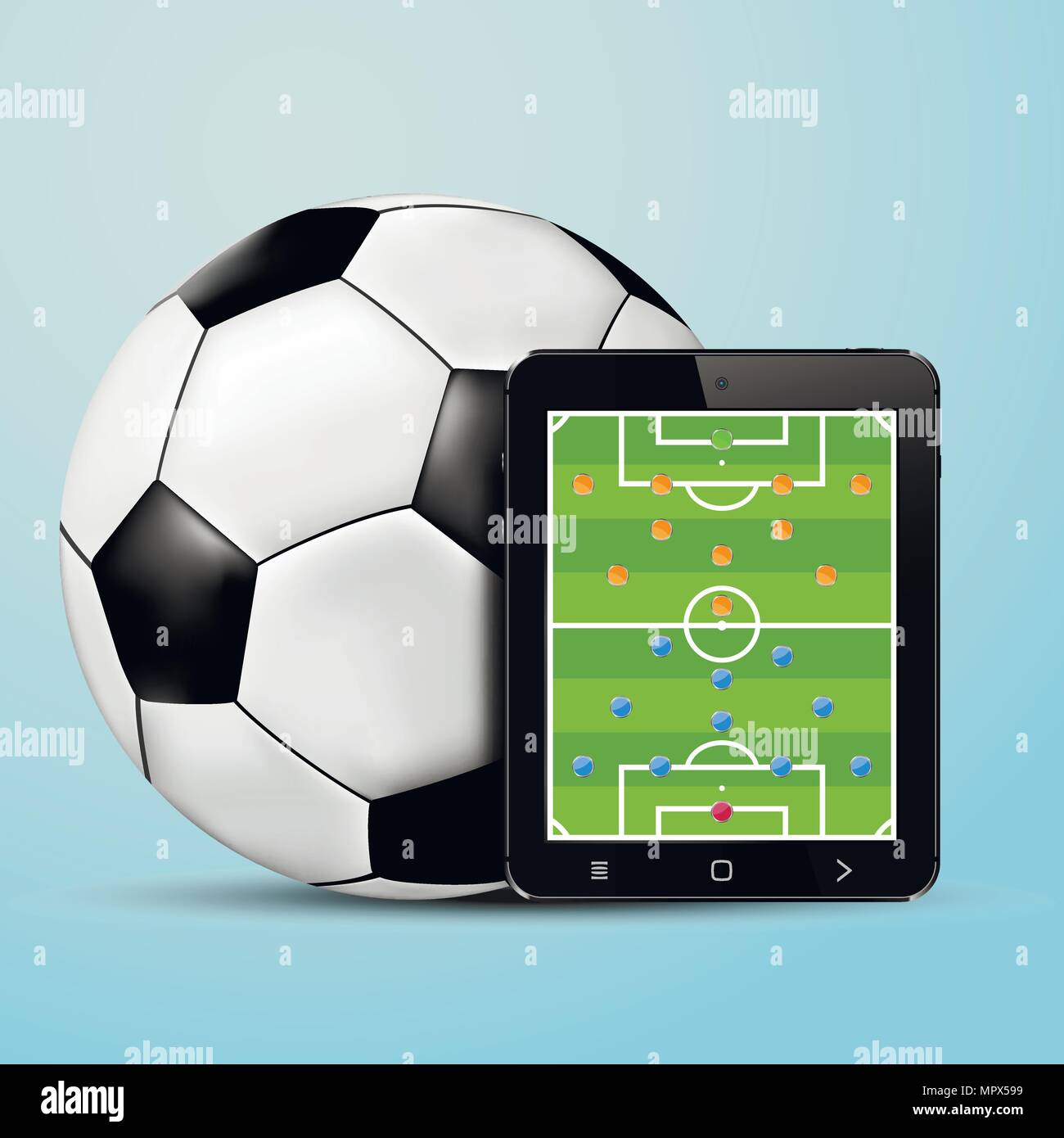 Tablet with soccer team formation screen and soccer ball. Vector