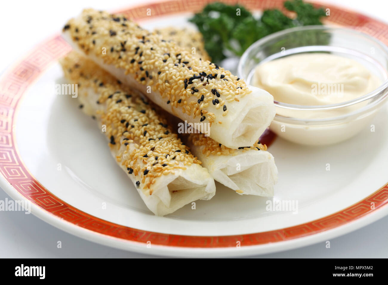 sesame wafer prawn rolls, chinese dim sum Stock Photo