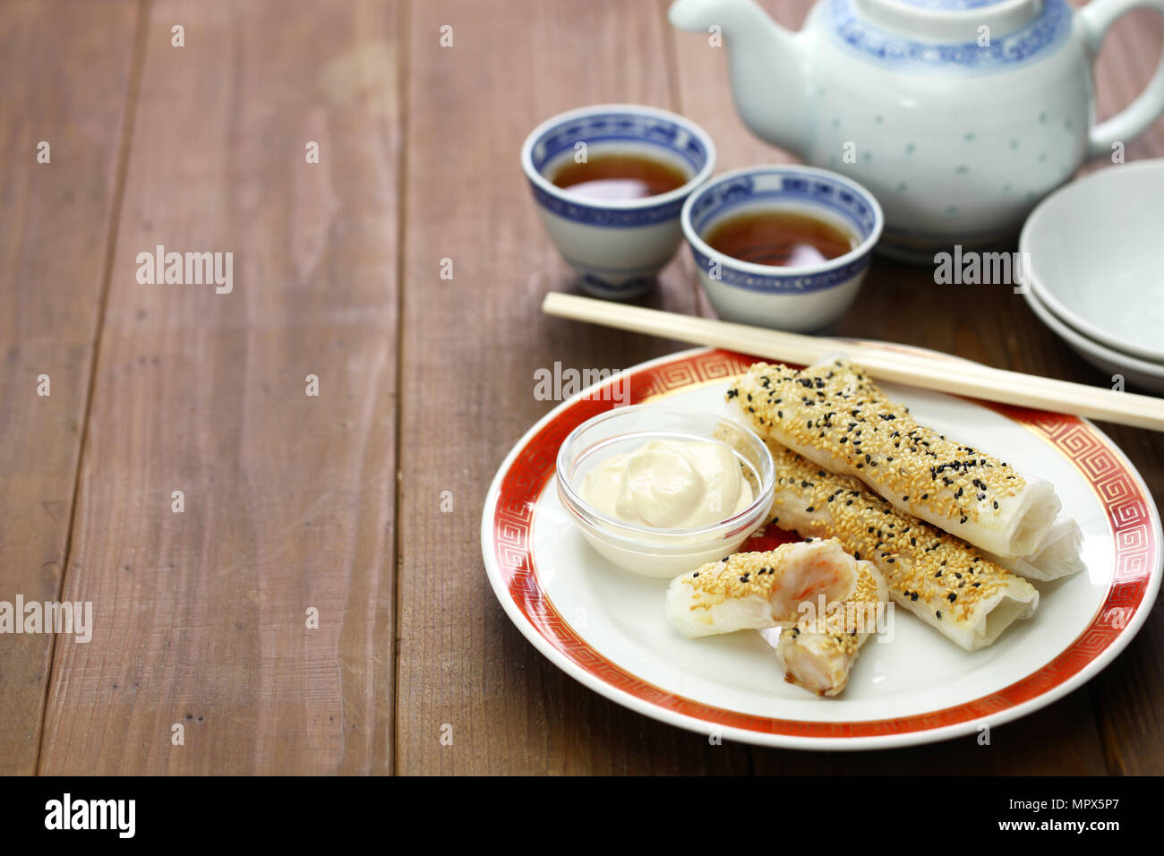 sesame wafer prawn rolls, chinese dim sum Stock Photo