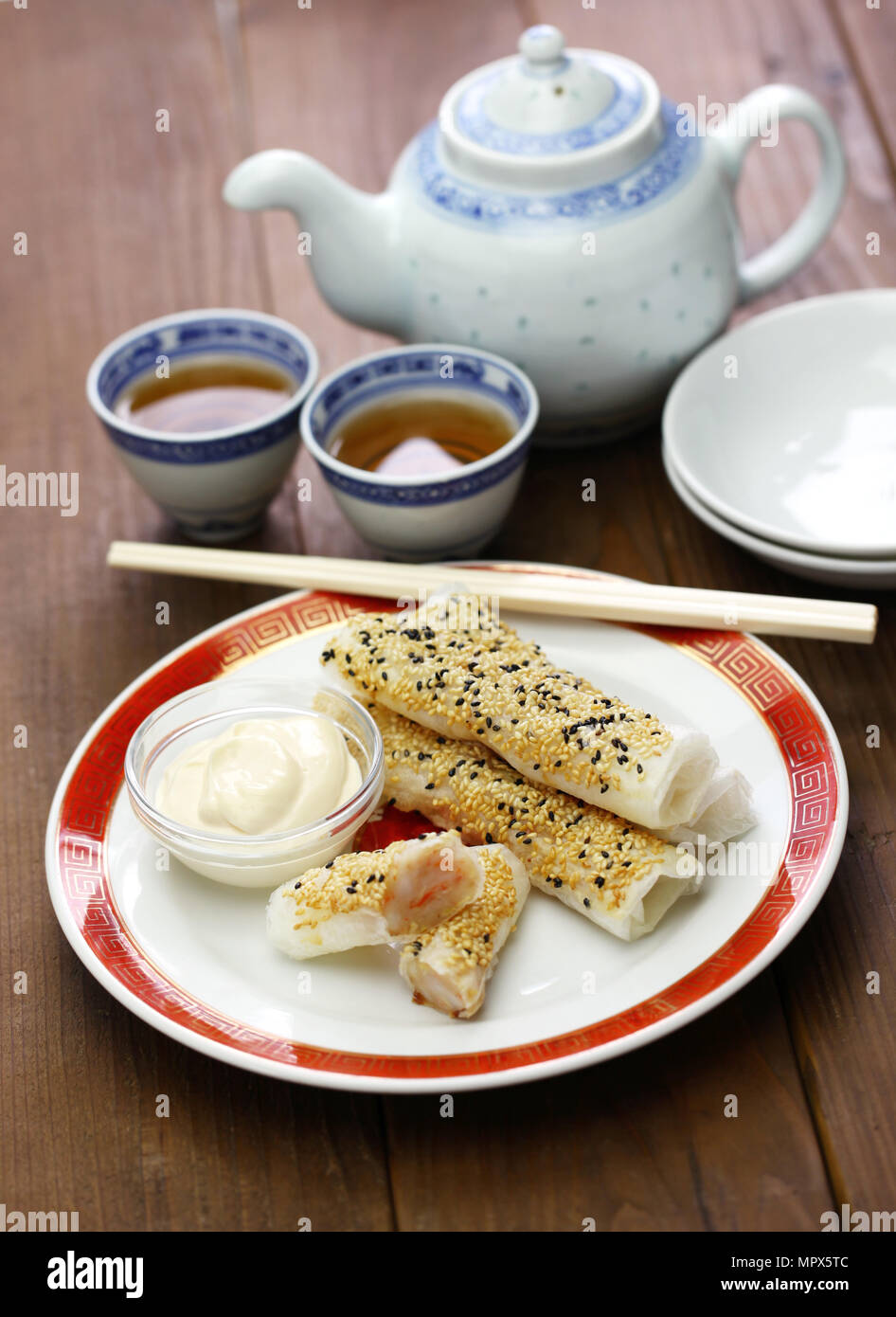 sesame wafer prawn rolls, chinese dim sum Stock Photo