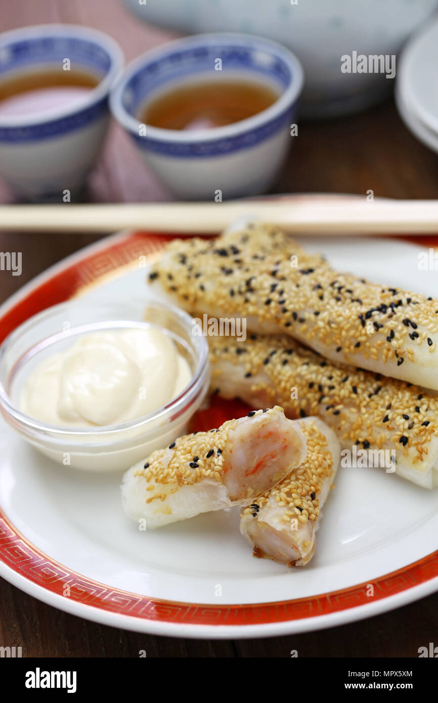sesame wafer prawn rolls, chinese dim sum Stock Photo
