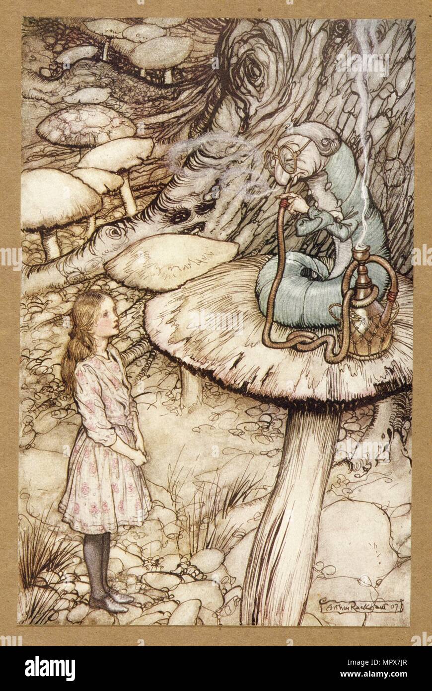 Advice from a Caterpillar,  from Alice's Adventures in Wonderland, by Lewis Carroll, pub. 1907. Stock Photo