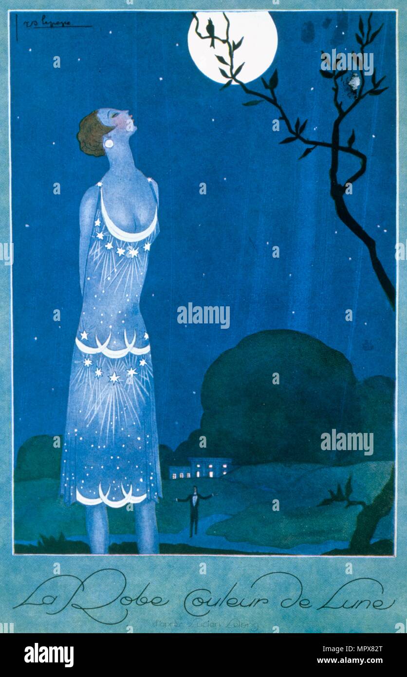 La Robe Couleur de Lune, from Femina, pub. 1925 (pochoir Print) Stock Photo
