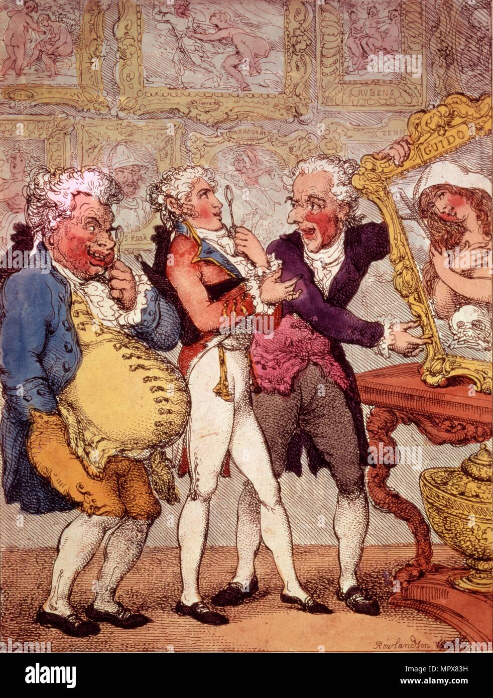 Italian Picture Dealers Humbugging My Lord Anglaise, pub. 1812 (hand coloured engraving) Stock Photo