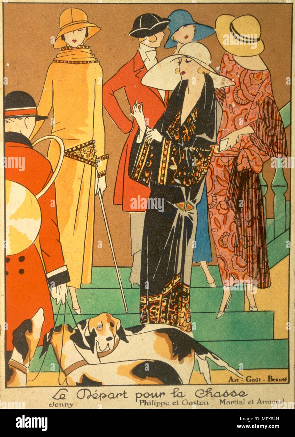 The Departure of the Hunt, fashion plate from 'Art, Gout, Beaute', pub. 1923 (pochoir print) Stock Photo