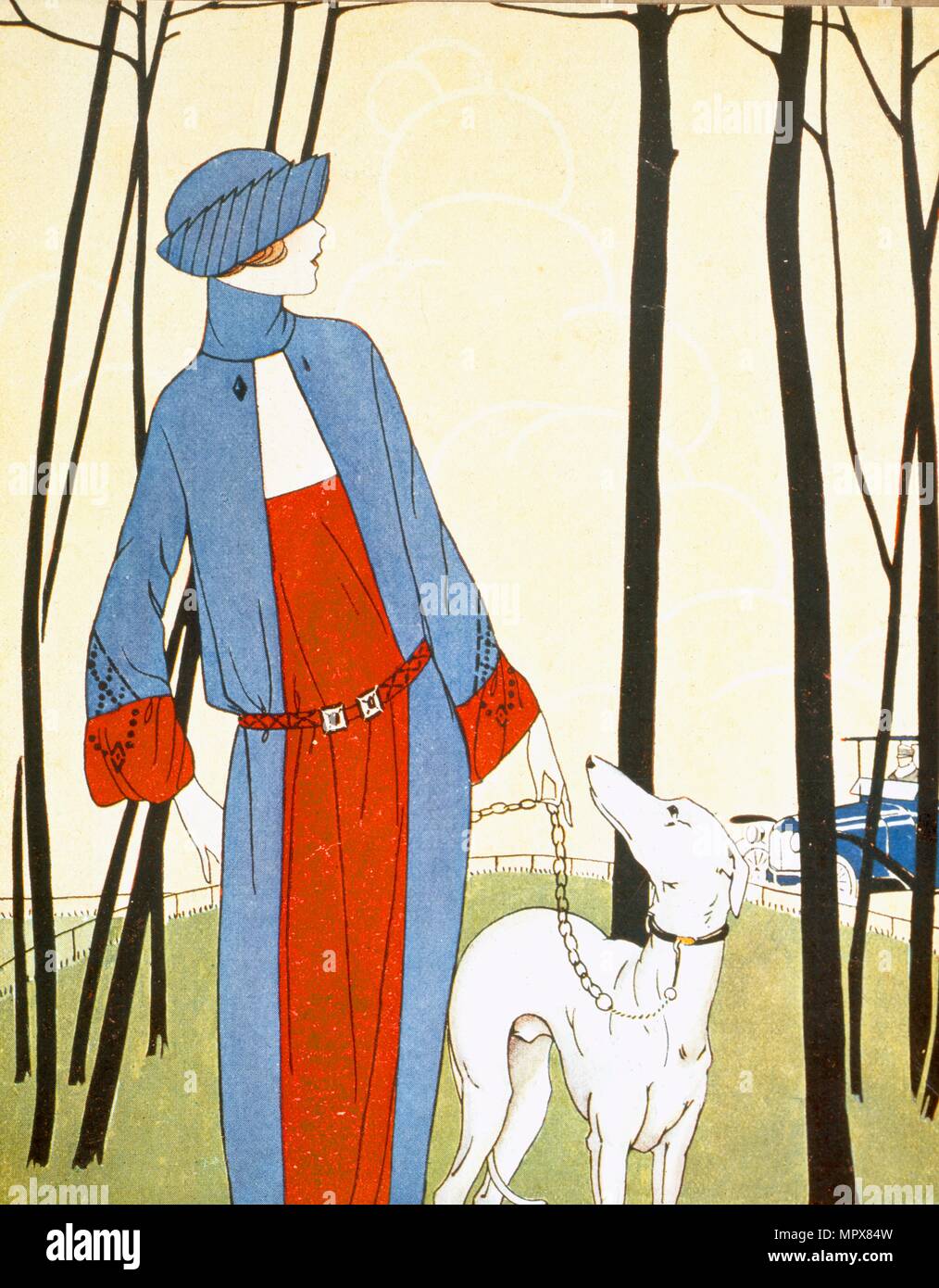 Walking the Dog,  from Art Gout Beaute, pub.  1921 (pochoir print) Stock Photo