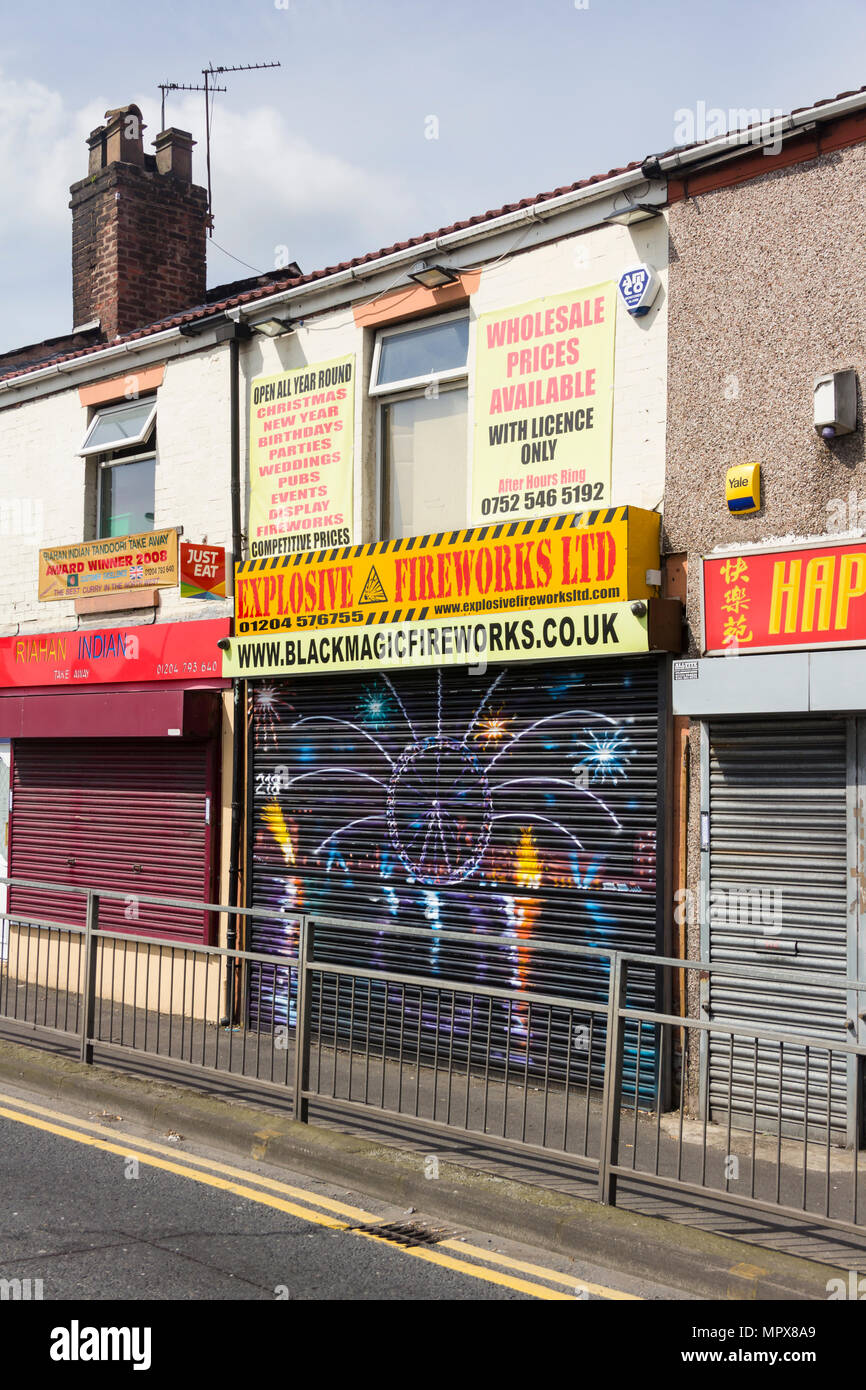 Explosive Fireworks Ltd wholesale and retail shop, Albert Road, Farnworth. The company supplies fireworks all year round. Stock Photo