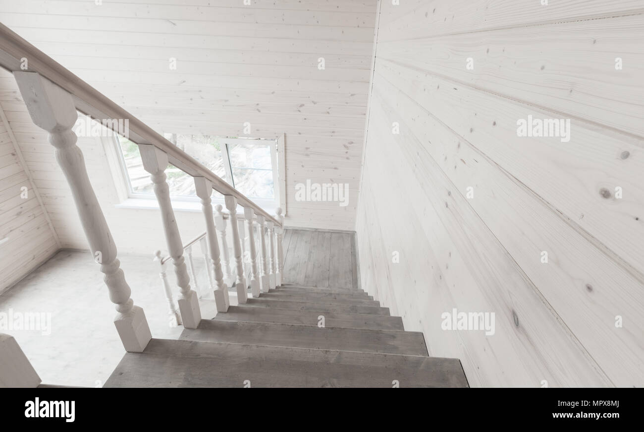 White Stairway Railings Empty New Wooden House Interior Fragment