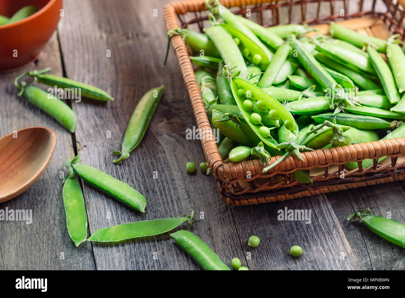 Farmer Harvest of fresh green peas on the table and in a woven straw basket on the old rustic wooden background. Top view, selective focus. Space for text. Stock Photo