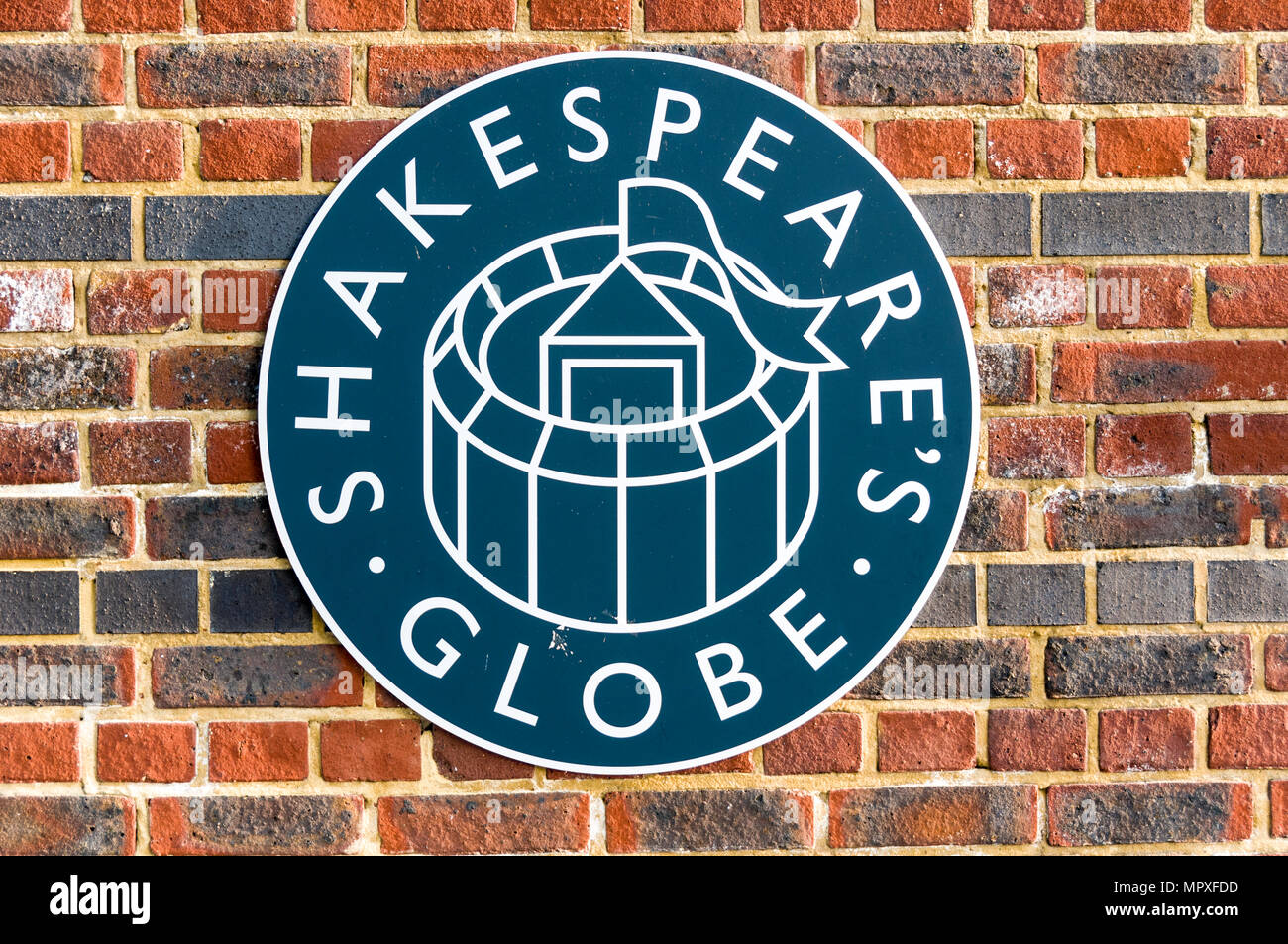 Plaque of Shakespeare's Globe theatre on the South Bank of the River Thames, London Stock Photo
