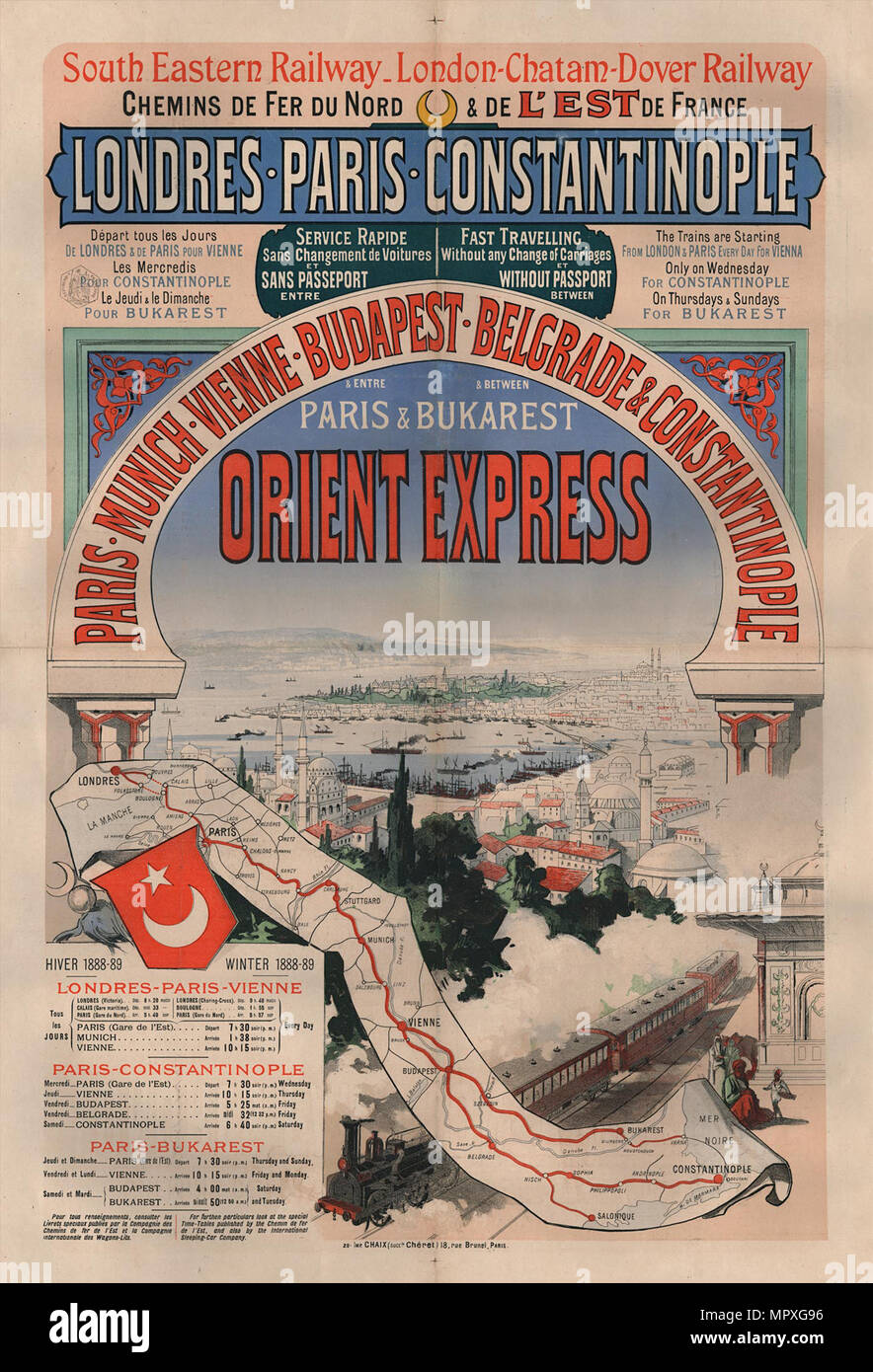 Poster advertising the Orient Express, 1888. Stock Photo
