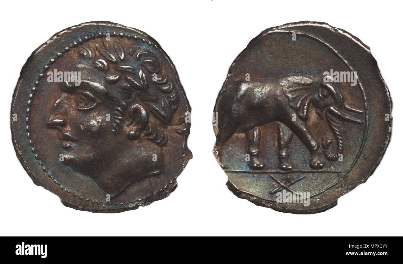 Coin of Hannibal Barca. Carthage. (Obverse: Hannibal, Reverse: Elephant), ca. 213-210 BC. Stock Photo