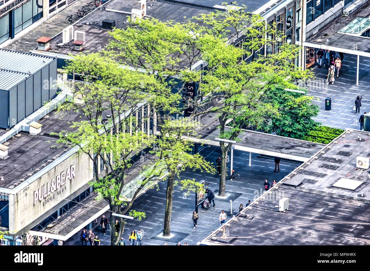 Rotterdam, The Netherlands, May 11, 2018: Aerial view of the trees adorning the Lijnbaan pedestrian shopping street Stock Photo