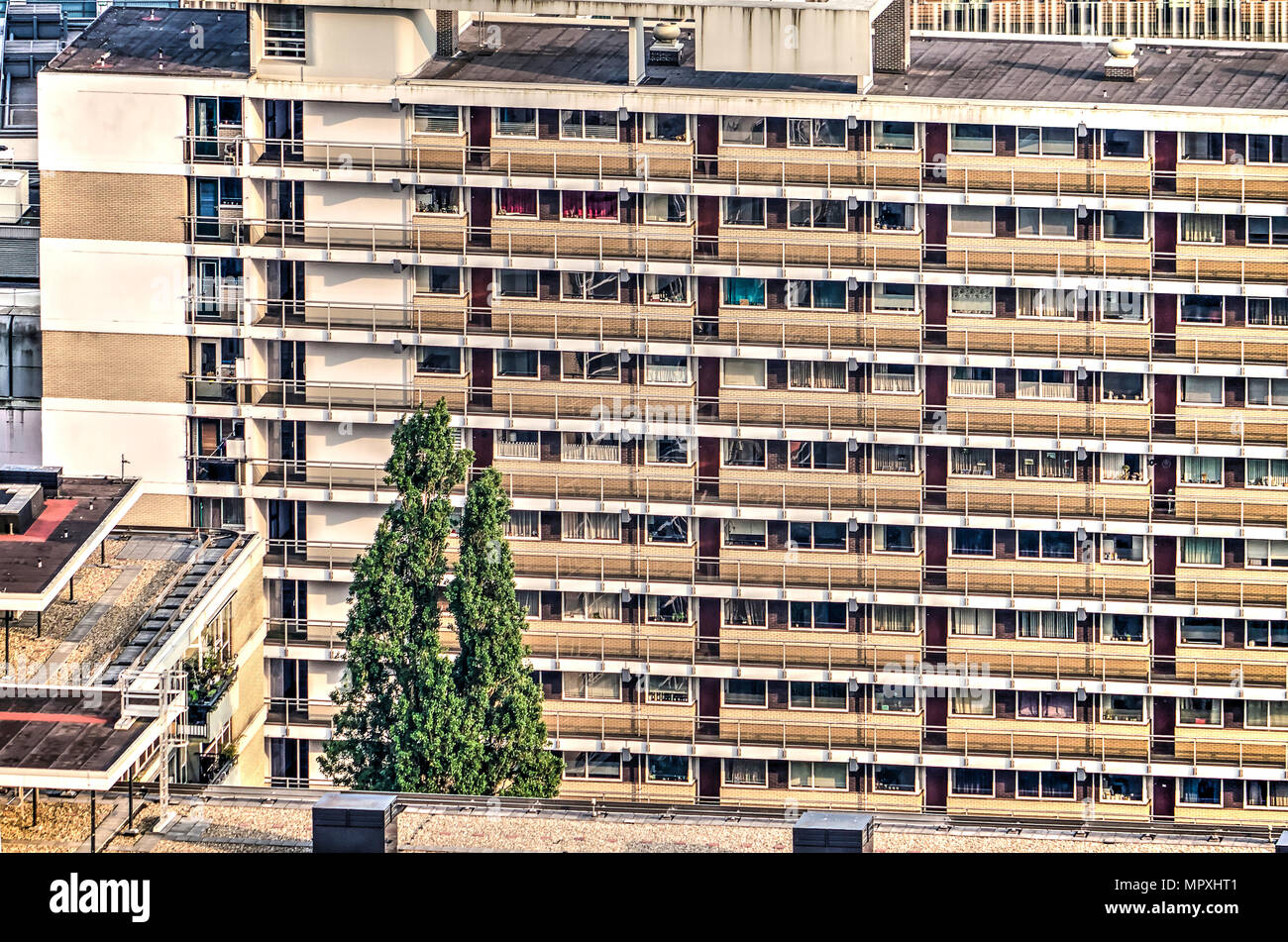 Rotterdam, The Netherlands, May 11, 2018: One of the modern residential slabs in the post-war Lijnbaan district Stock Photo