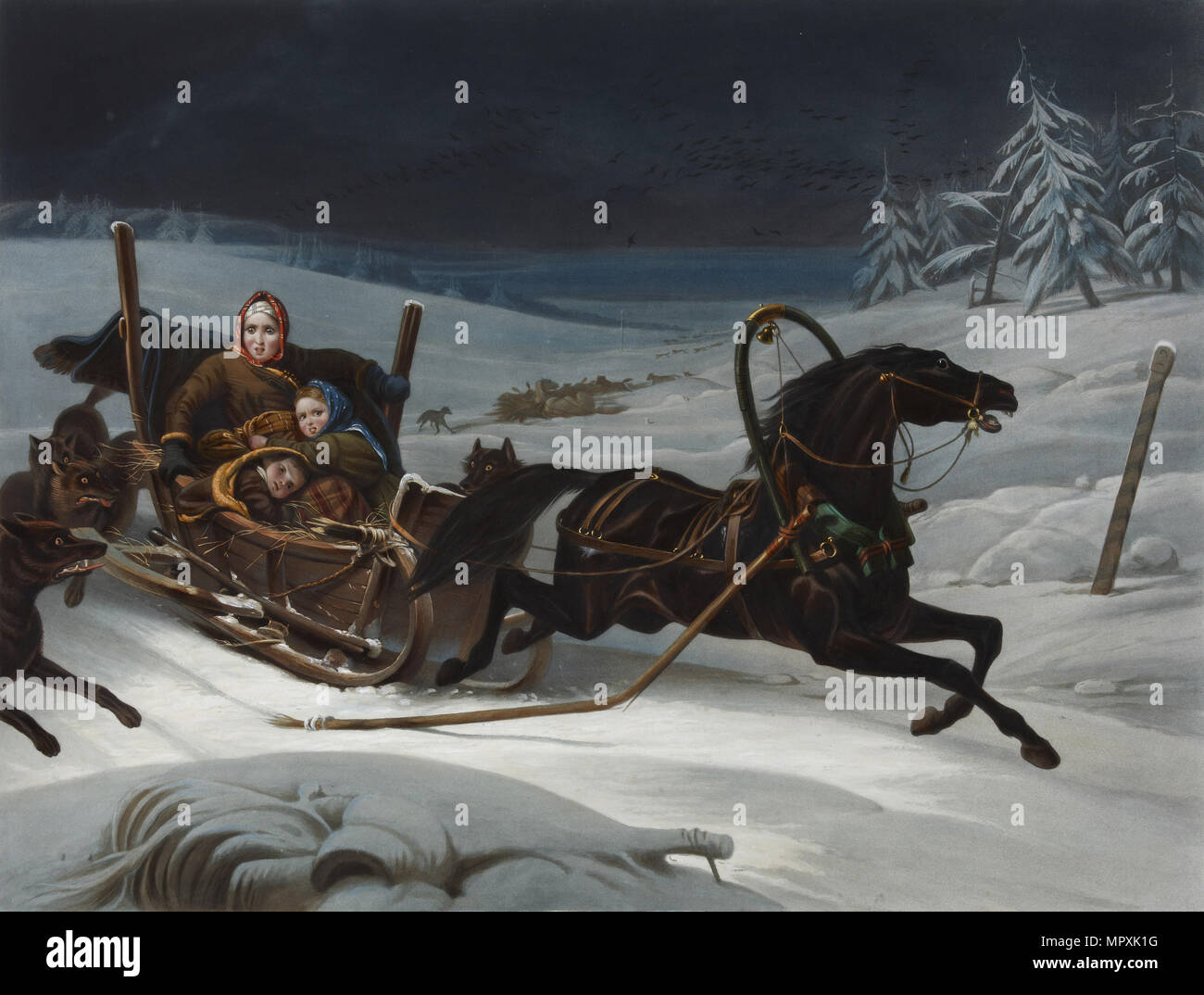 Sleigh of a Russian family pursued by wolves, 1830s. Stock Photo