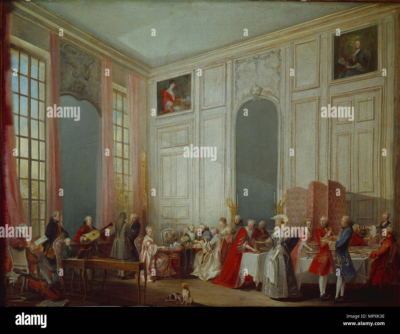 Mozart Giving A Concert In The Salon des Quatre-Glaces at the Palais du Temple In The Court Of The P Stock Photo