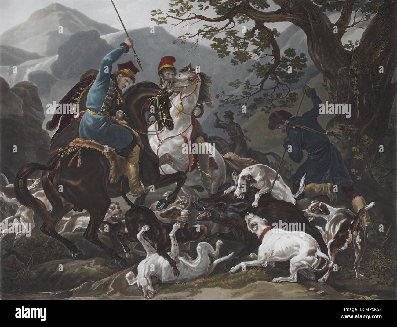 The Wild Boar Hunting in Poland, 1830s. Stock Photo