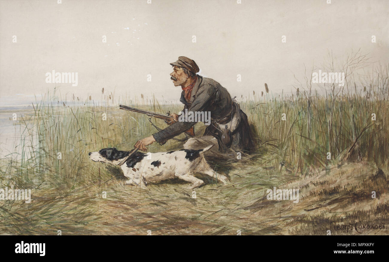 Hunter with hunting dog, 1870s. Stock Photo