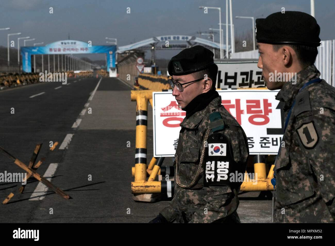 South Korean Military policemen standing at a checkpoint at the