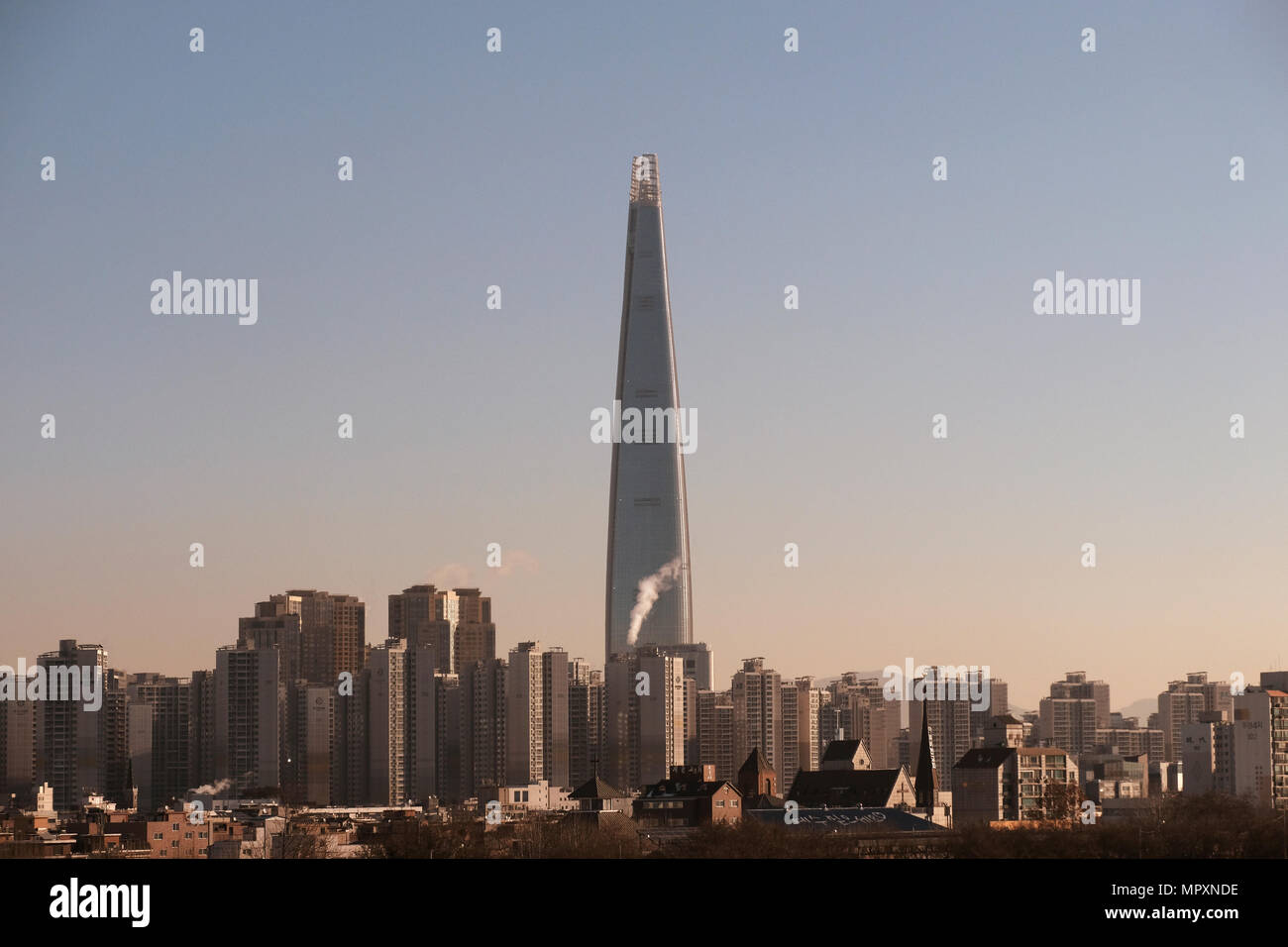 The skyline of Songpa-gu district and Lotte World Tower skyscraper located in Seoul, South Korea. Stock Photo