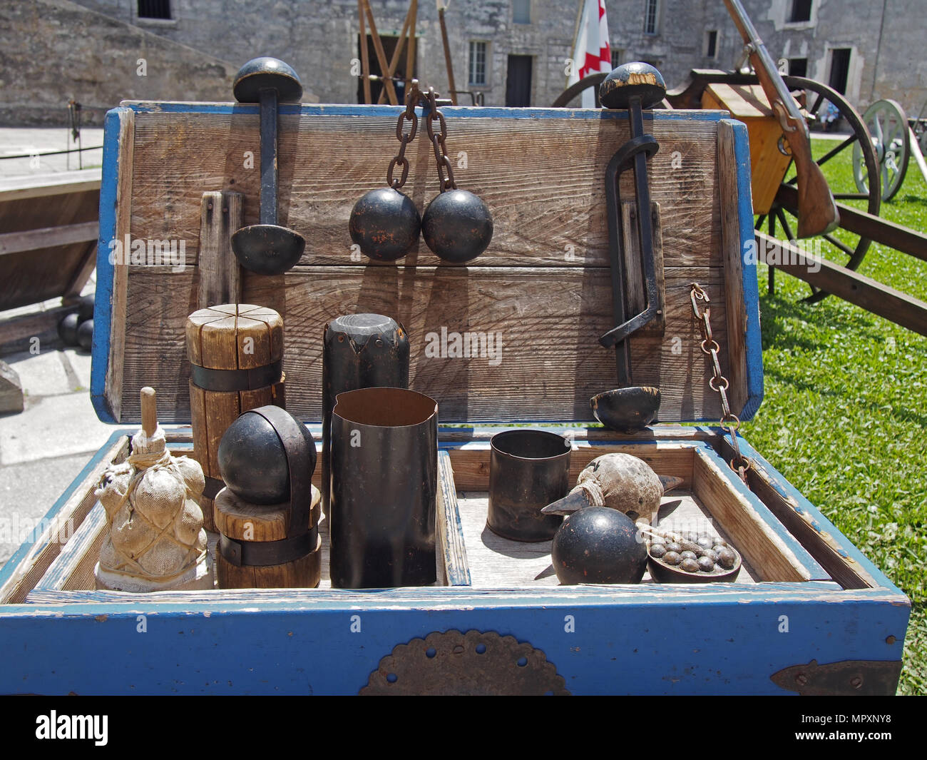 Various cannon projectiles on display in a Shot Locker at Castillo de San Marcos, St. Augustine, Florida, USA, 2018, © Katharine Andriotis Stock Photo