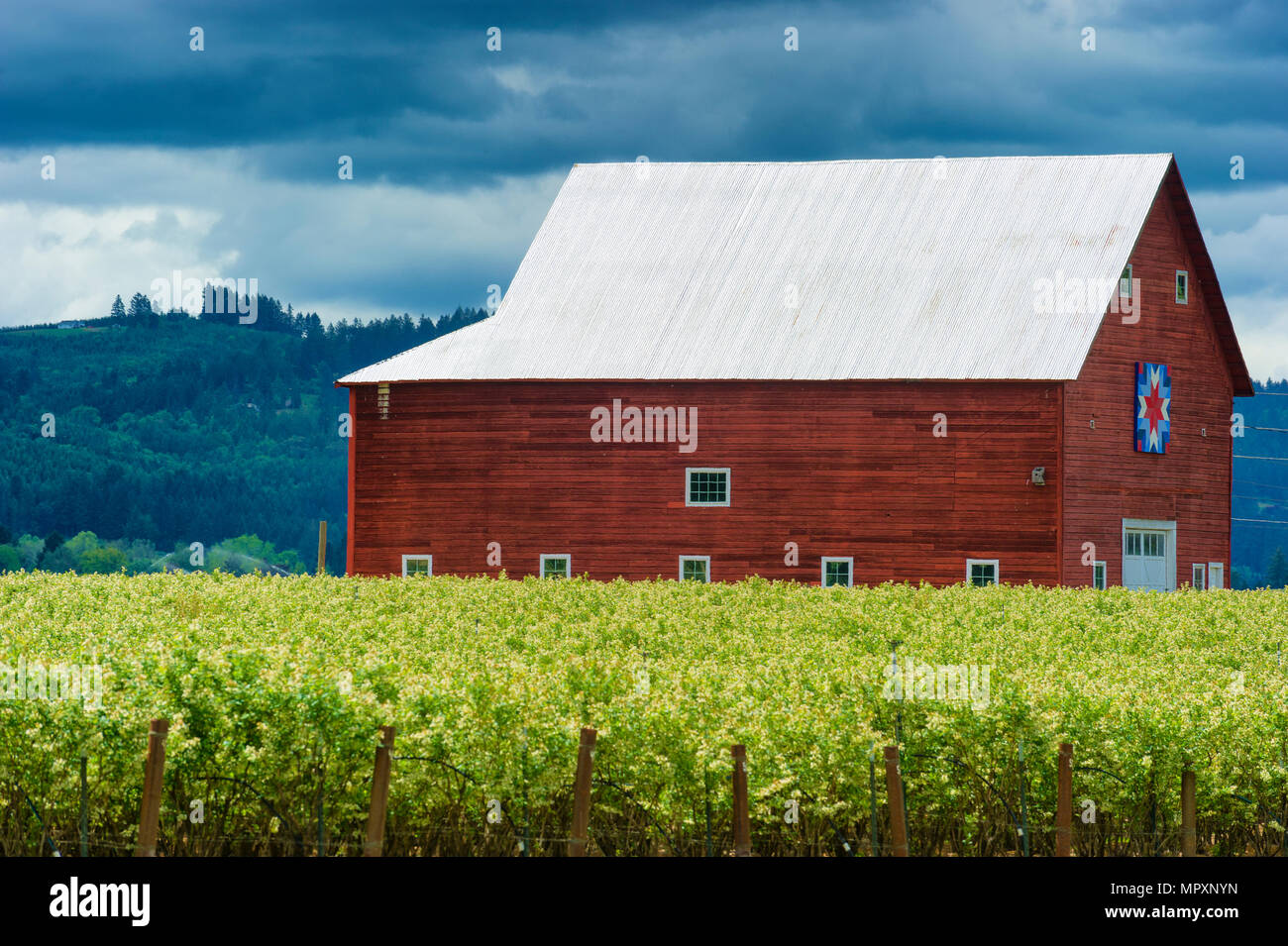 Beaverton,Oregon,USA - May 9, 2018:  Country scene with a Red barn under cloudy skies. Stock Photo