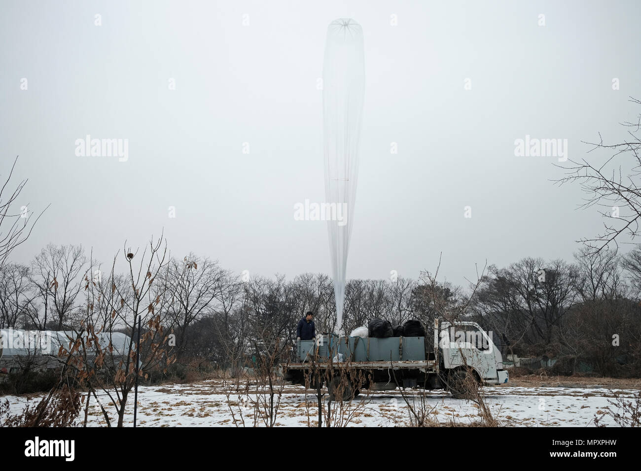 Lee Min-bok, a North Korean defector, getting ready to release  large cylinder-shaped hydrogen balloon filled with with bag of leaflets to North Korea near the Demilitarized Zone in South Korea. The balloons carry special payloads: one-dollar bills, computer memory sticks and thousands of leaflets bearing messages that debunk the personality cult surrounding Kim Jong-un, the leader of North Korea. Stock Photo