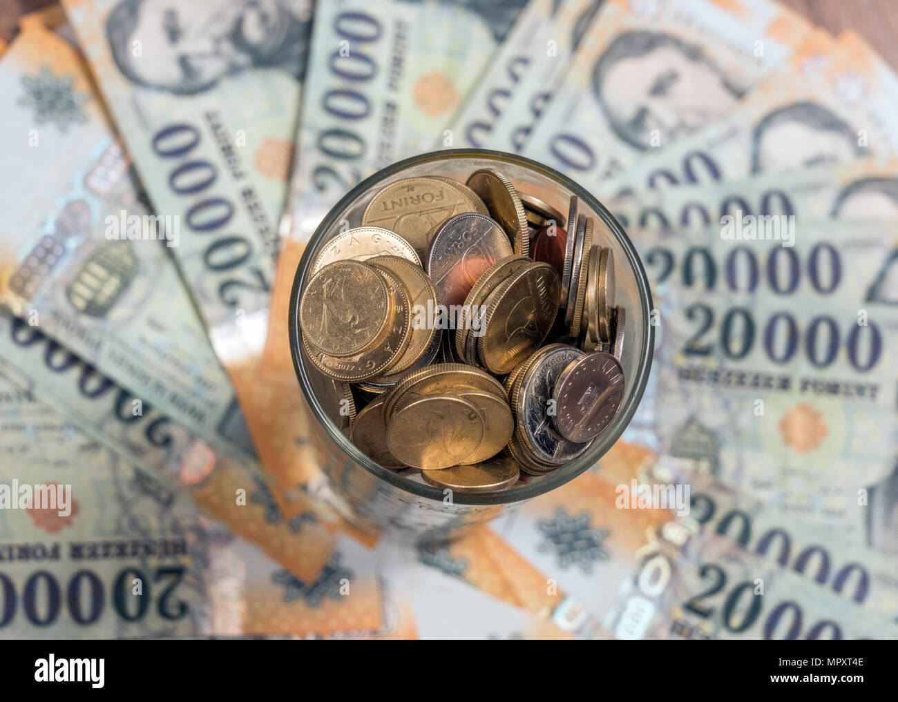 Coins on hungarian forint background Stock Photo