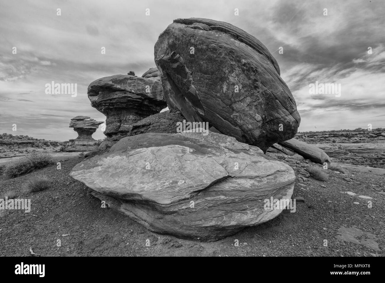 Boulders and Caprock, Colorado Plateau, Black and White Stock Photo
