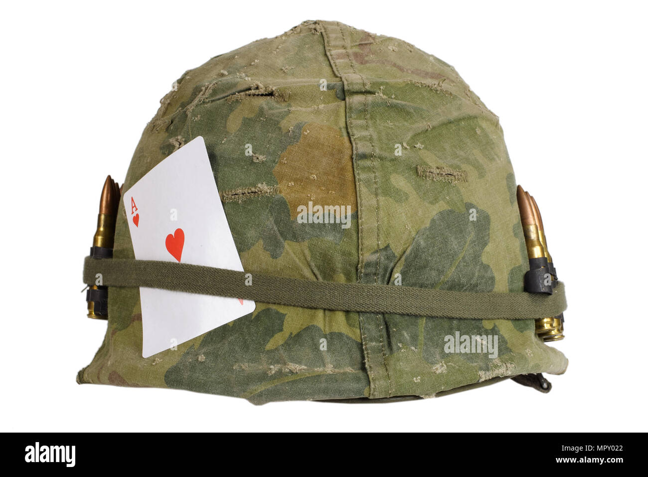 US Army helmet Vietnam war period with camouflage cover and ammo belt and amulet ace of hearts