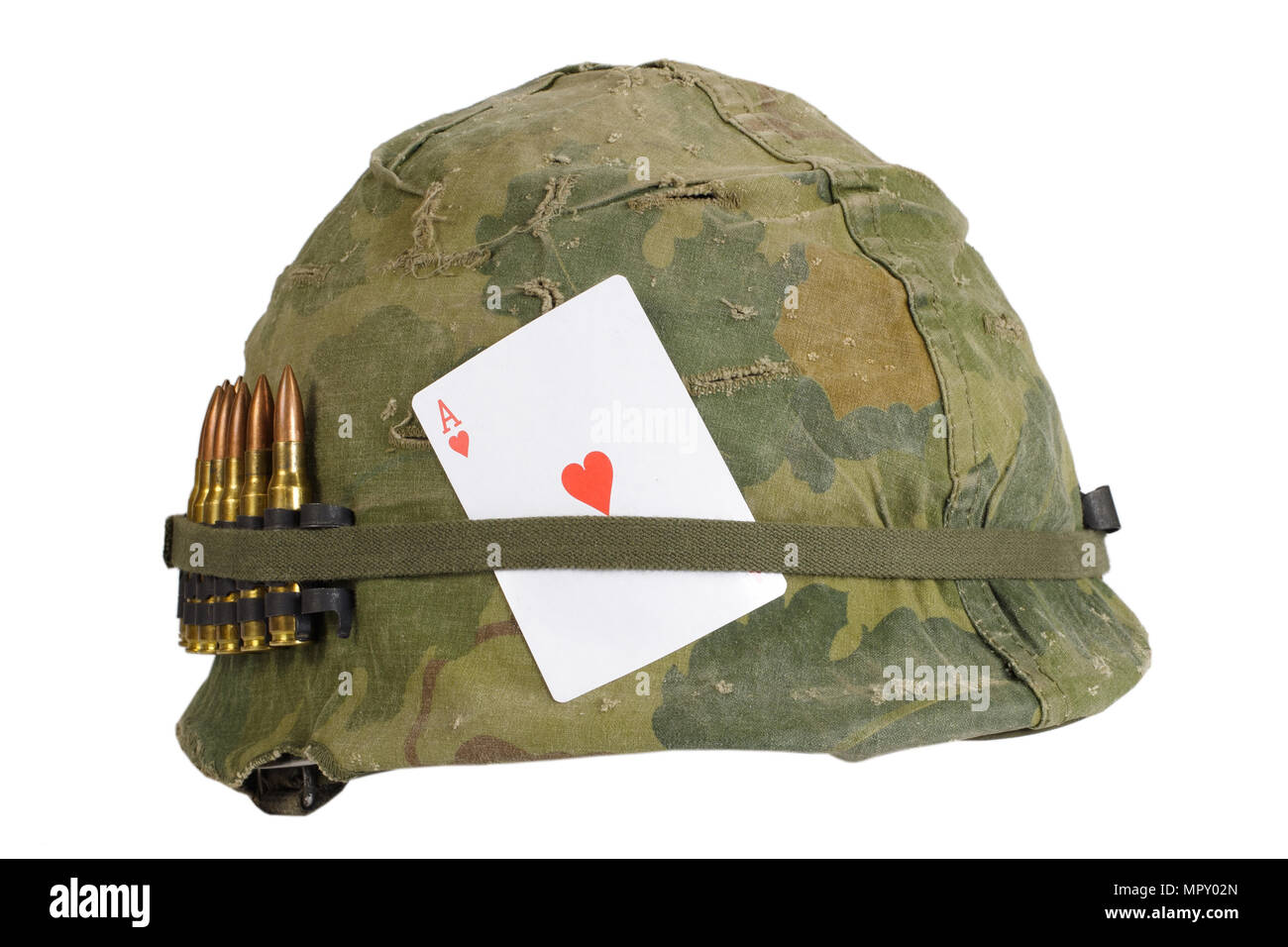 US Army helmet Vietnam war period with camouflage cover and ammo belt and amulet ace of hearts