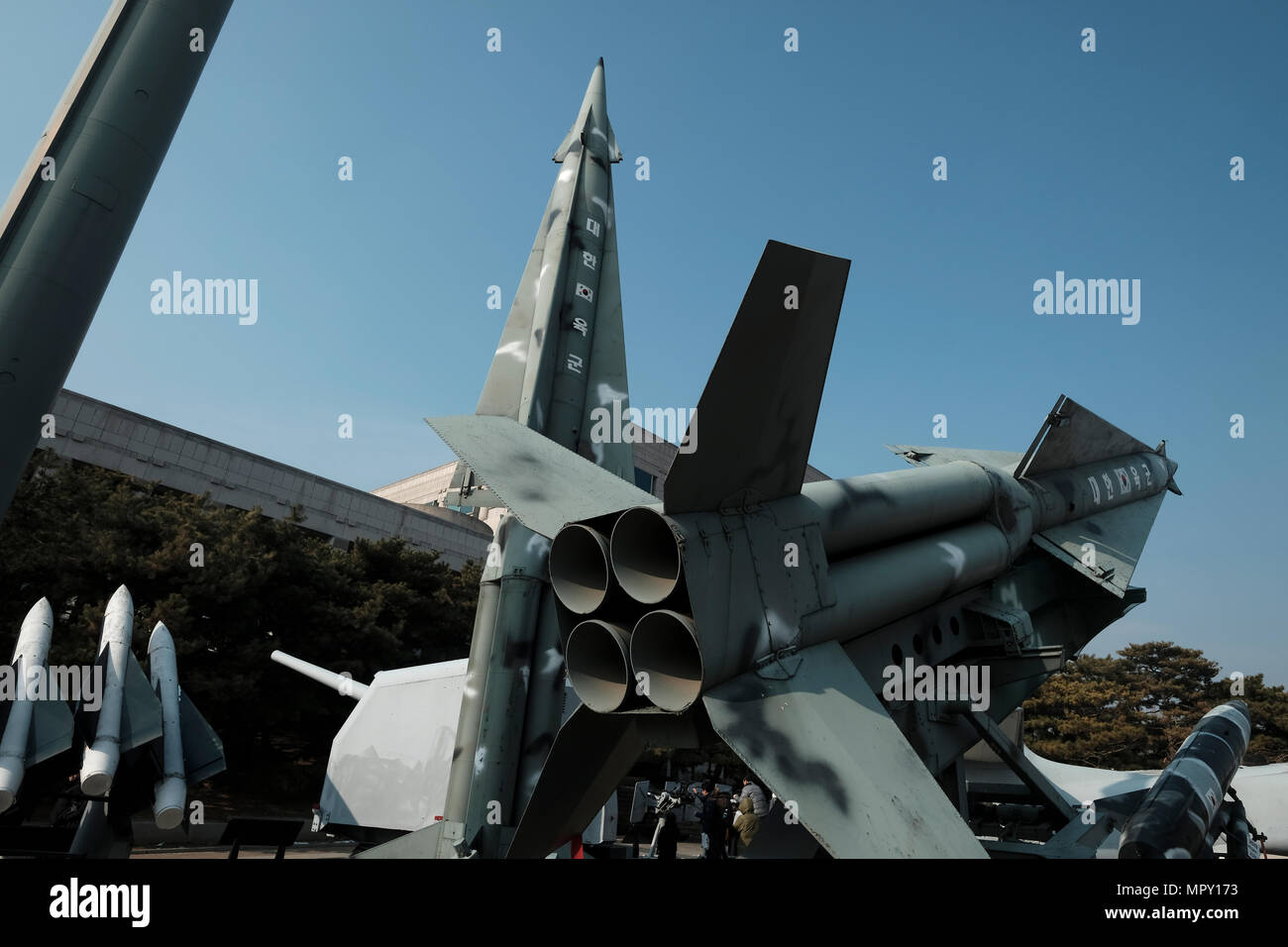 Replicas of South Korean Nike missiles displayed at the War Memorial of Korea museum located in Yongsan-gu district on the former site of the army headquarters to exhibit and memorialize the military history of Korea in the city of Seoul capital of South Korea Stock Photo
